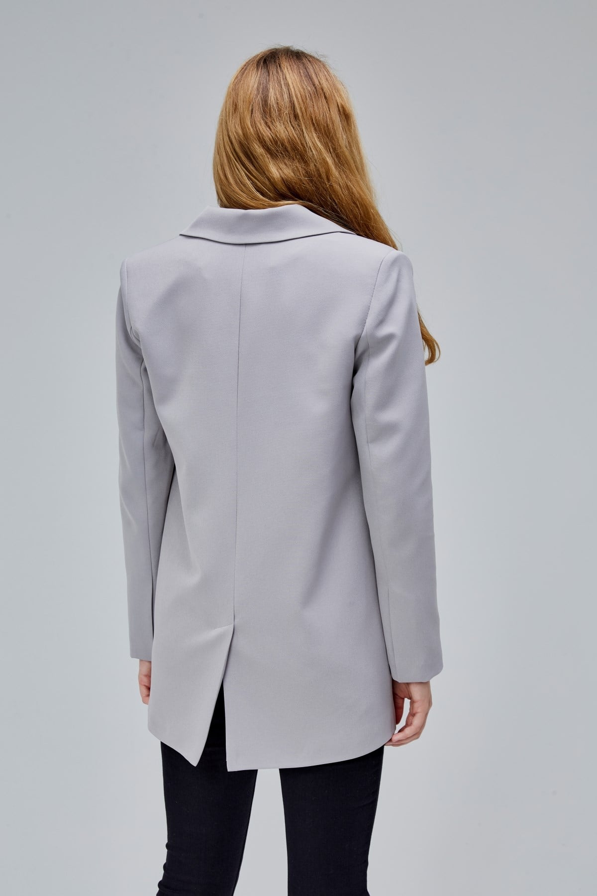 Gri Regular Astarlı Kruvaze Kapama Dokuma Oversize Blazer Ceket