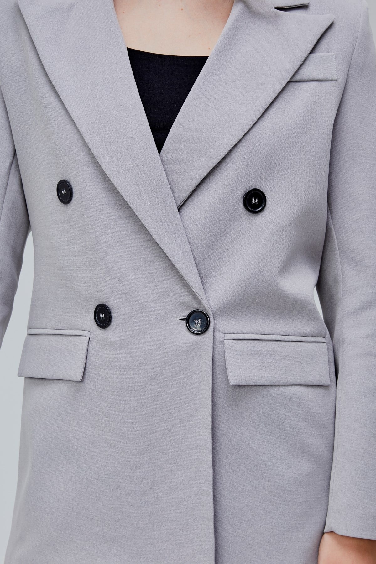 Gri Regular Astarlı Kruvaze Kapama Dokuma Oversize Blazer Ceket