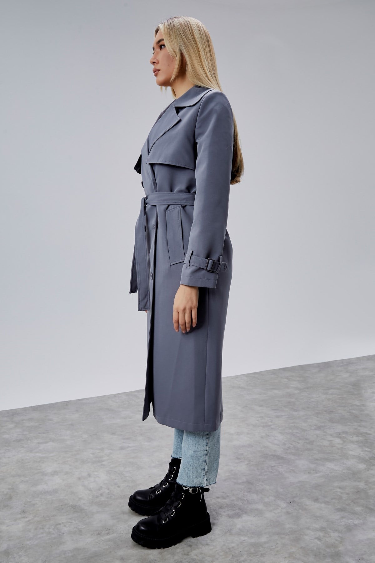 Gri Regular Kalıp Rüzgarlık Detaylı Trençkot 46636