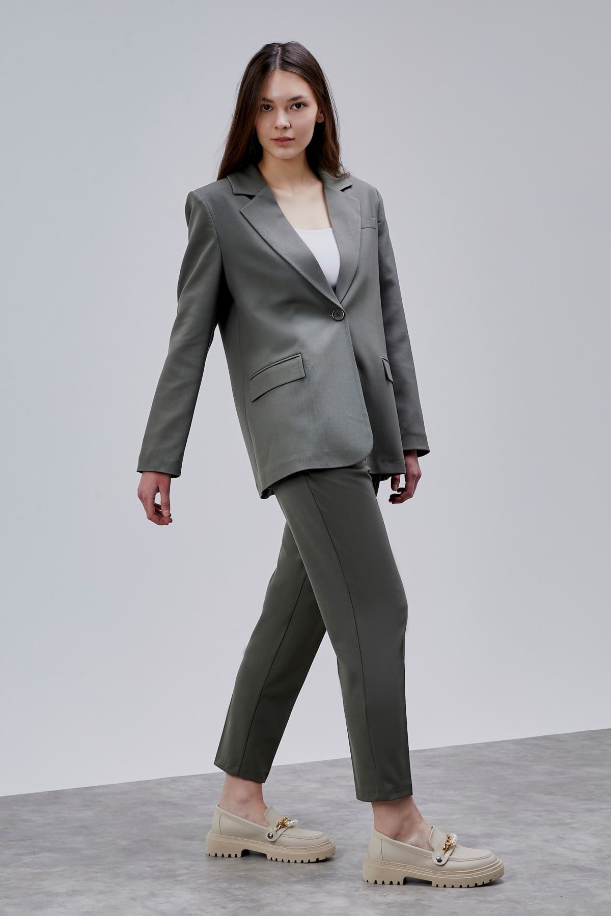Haki Kruvaze Regular Blazer Takım