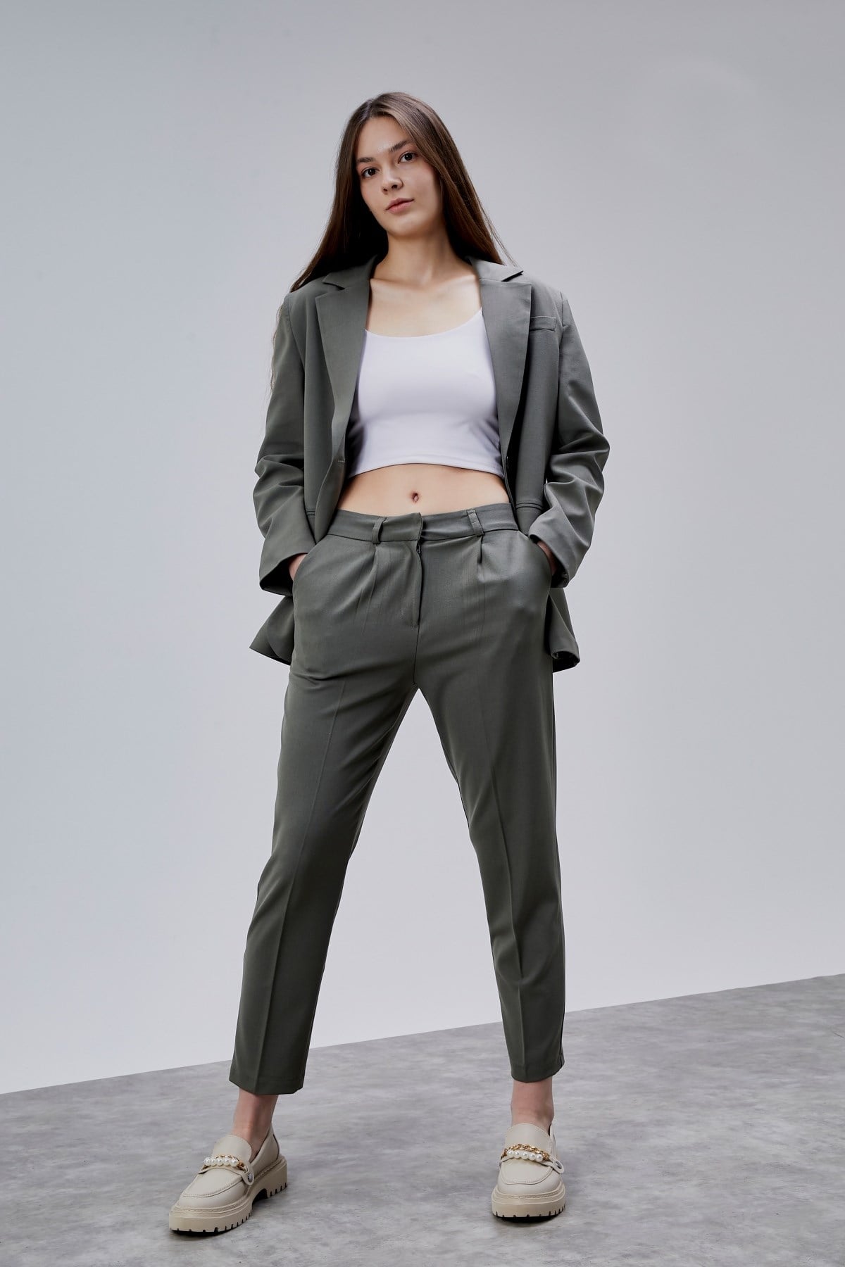 Haki Kruvaze Regular Blazer Takım