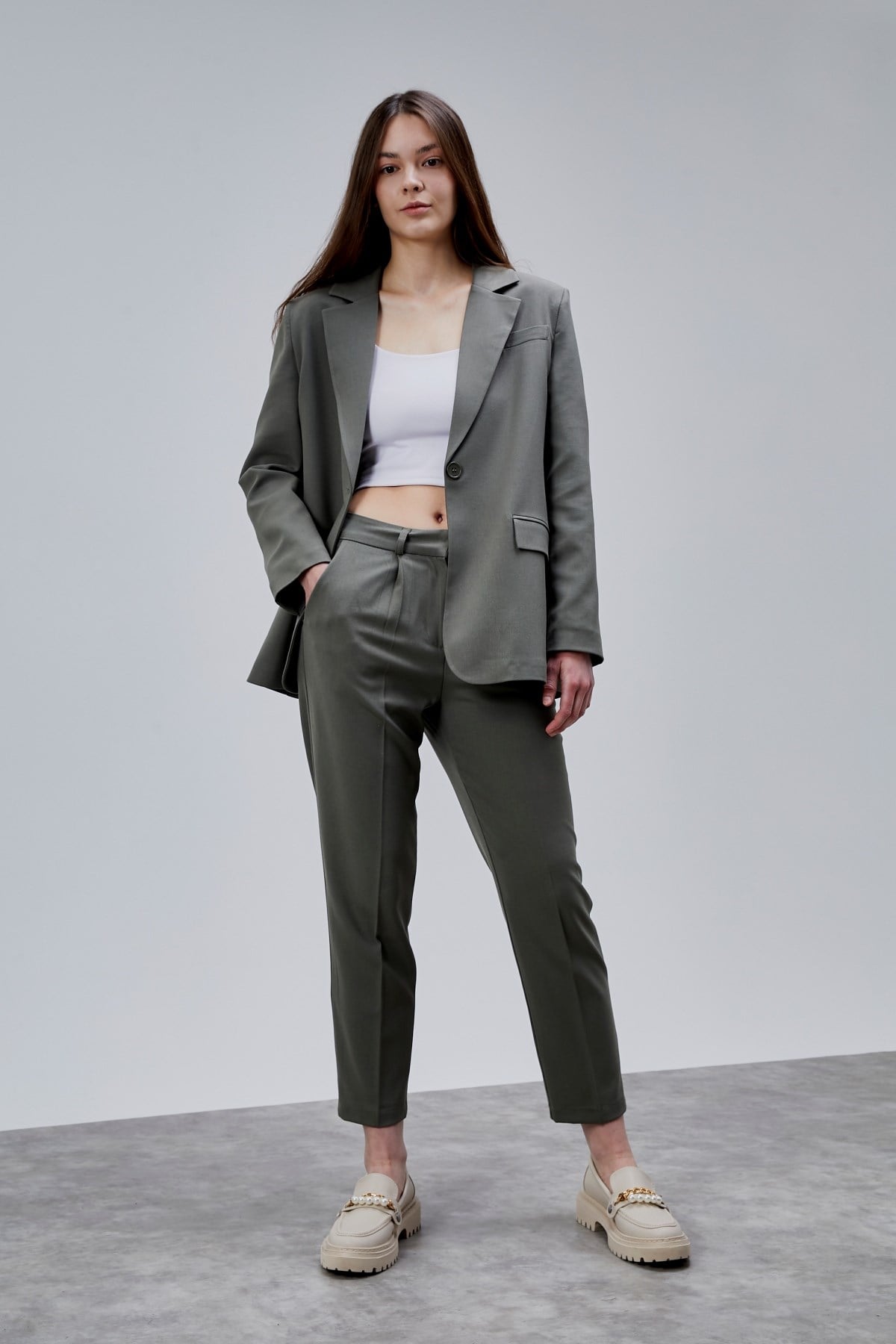 Haki Kruvaze Regular Blazer Takım
