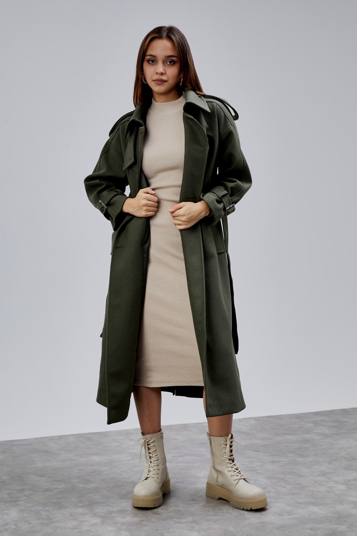 Haki Kuşaklı Oversize Kaşe Kaban 44577 