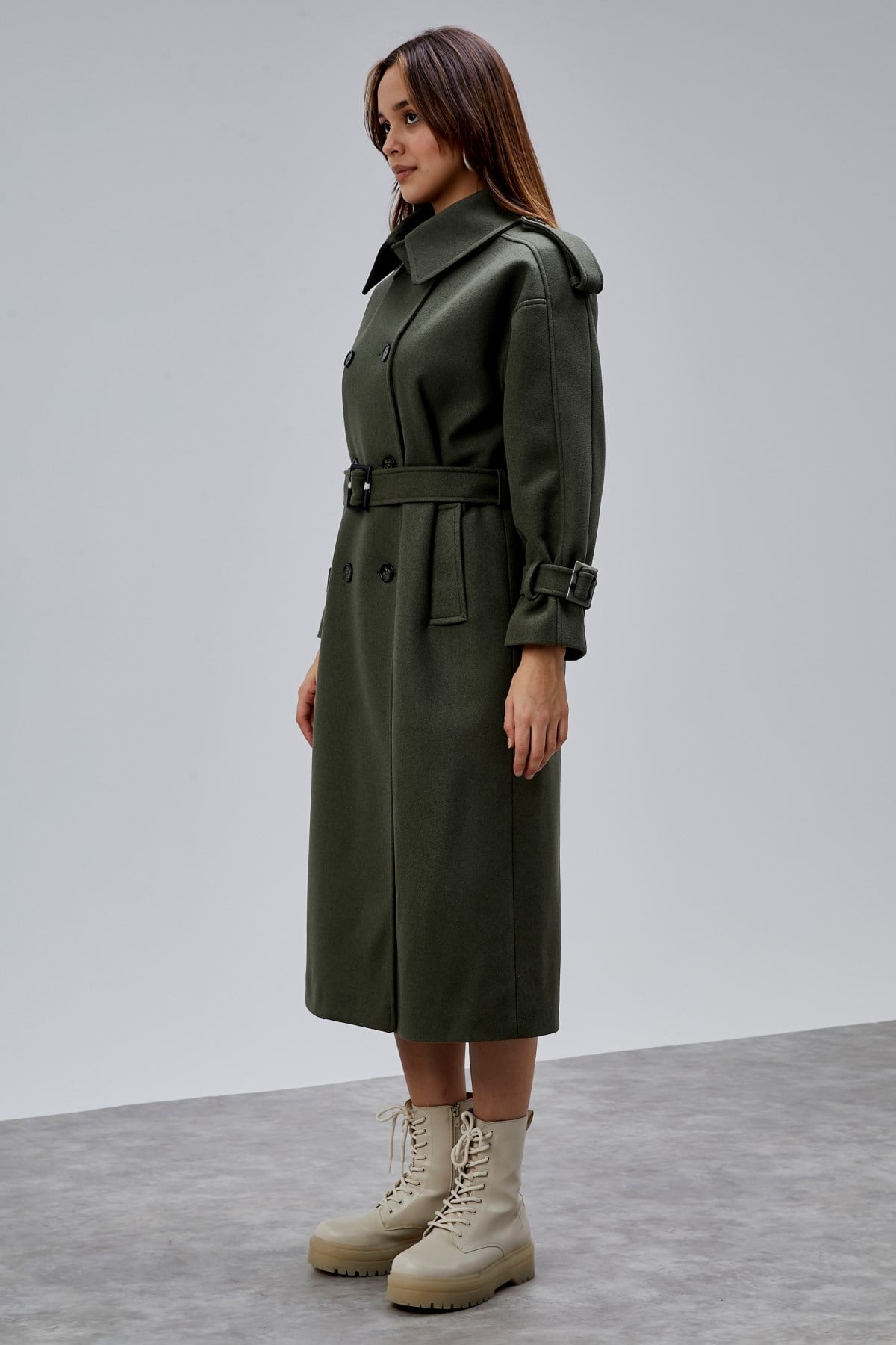 Haki Kuşaklı Oversize Kaşe Kaban 44577 