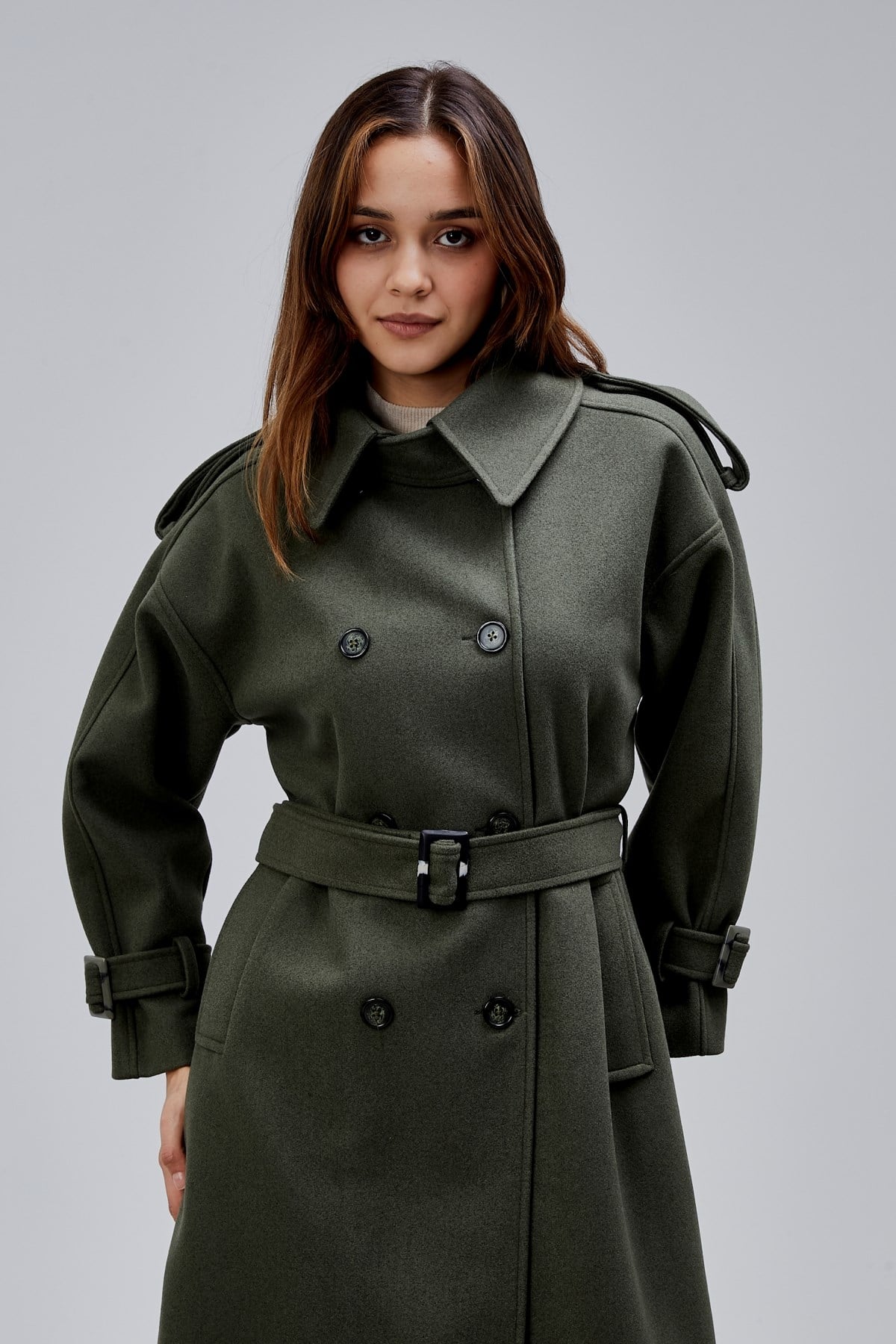 Haki Kuşaklı Oversize Kaşe Kaban 44577 