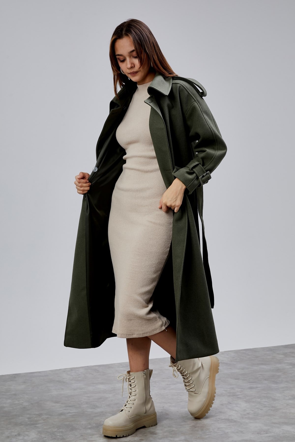 Haki Kuşaklı Oversize Kaşe Kaban 44577 