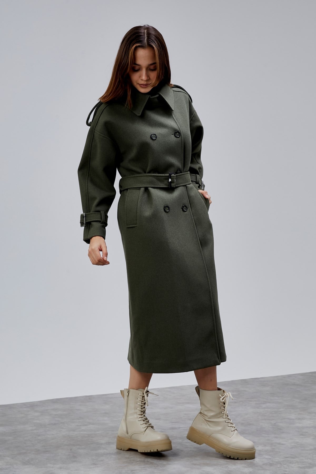 Haki Kuşaklı Oversize Kaşe Kaban 44577 