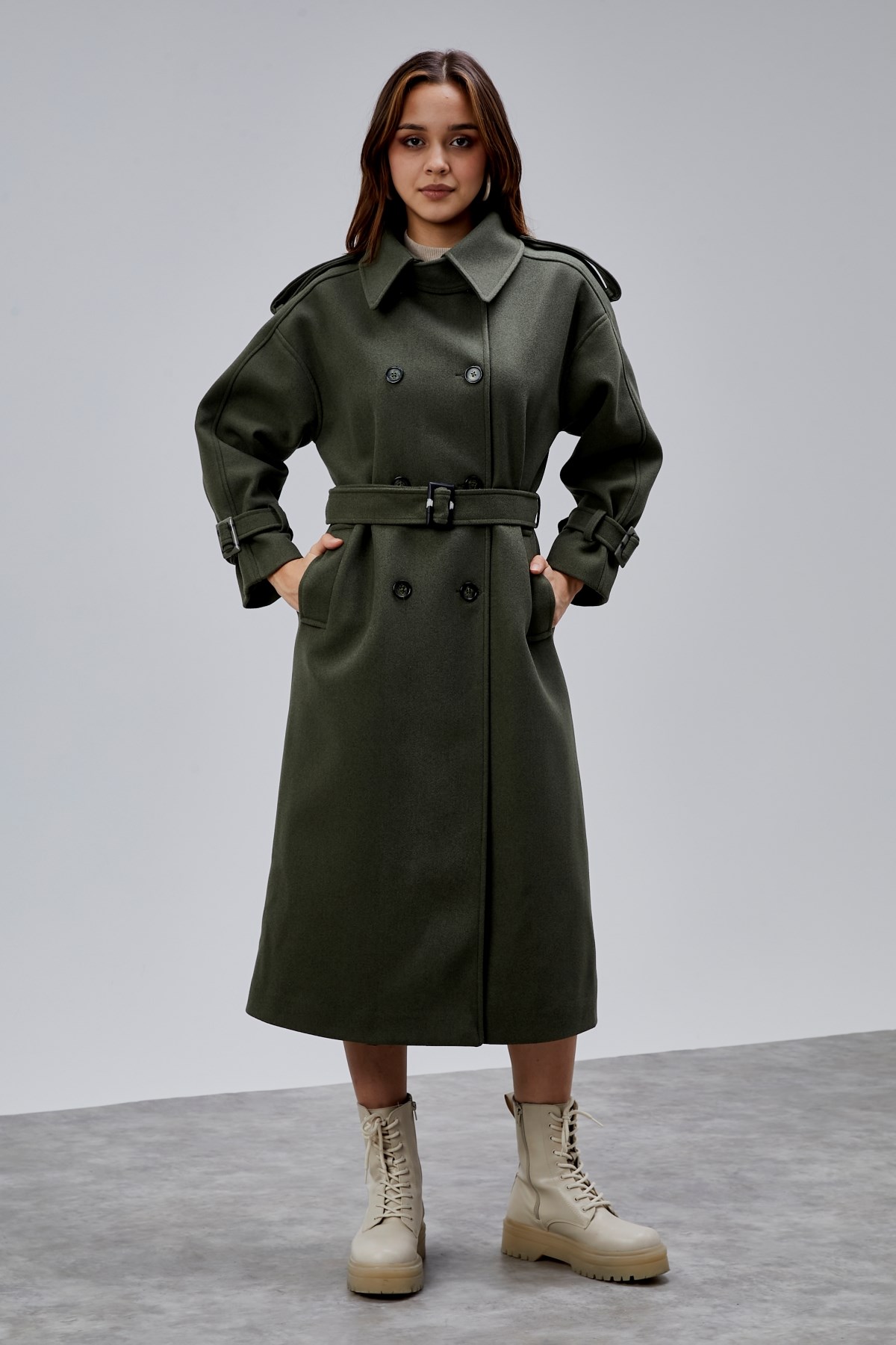 Haki Kuşaklı Oversize Kaşe Kaban 44577 