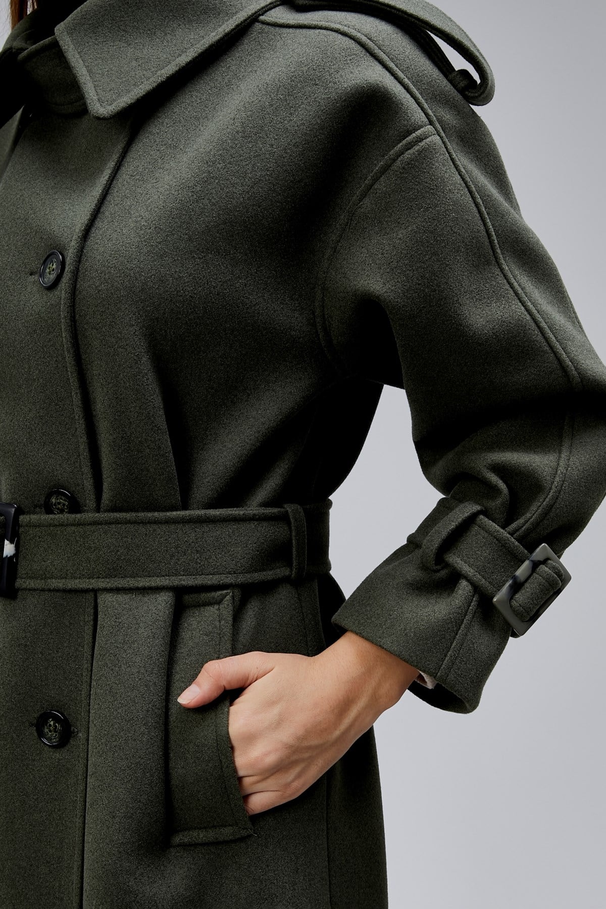 Haki Kuşaklı Oversize Kaşe Kaban 44577 