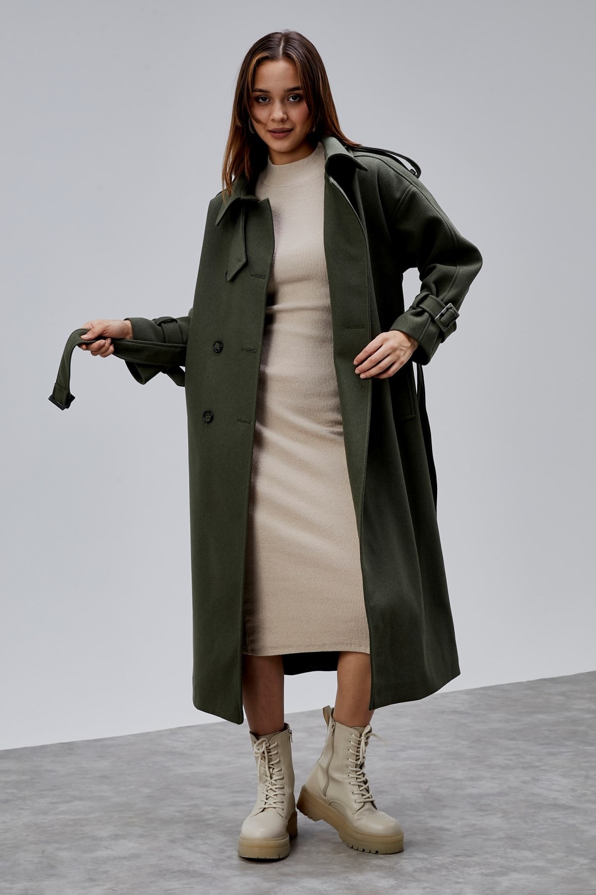 Haki Kuşaklı Oversize Kaşe Kaban 44577 