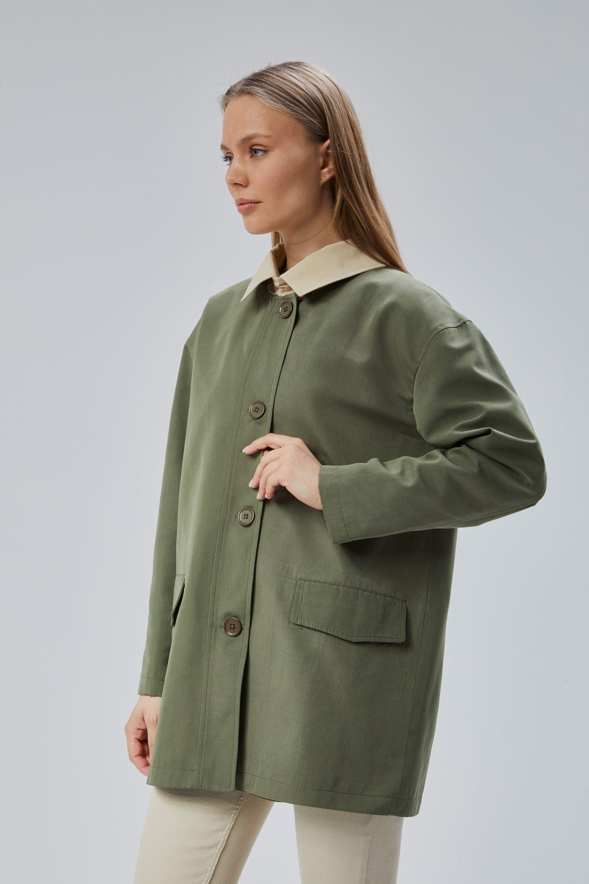 Haki Oversize Casual Midi Trençkot