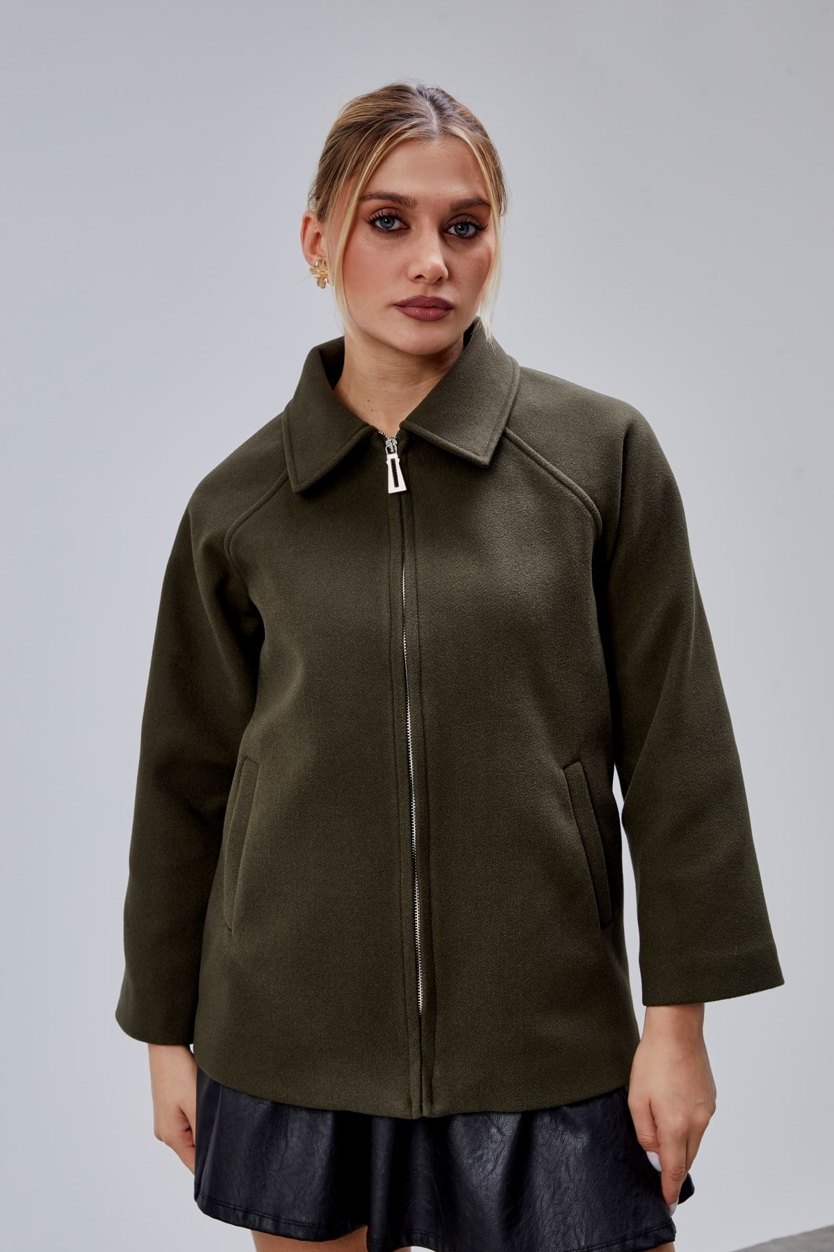 Haki Oversize Fermuarlı Kaşe Ceket