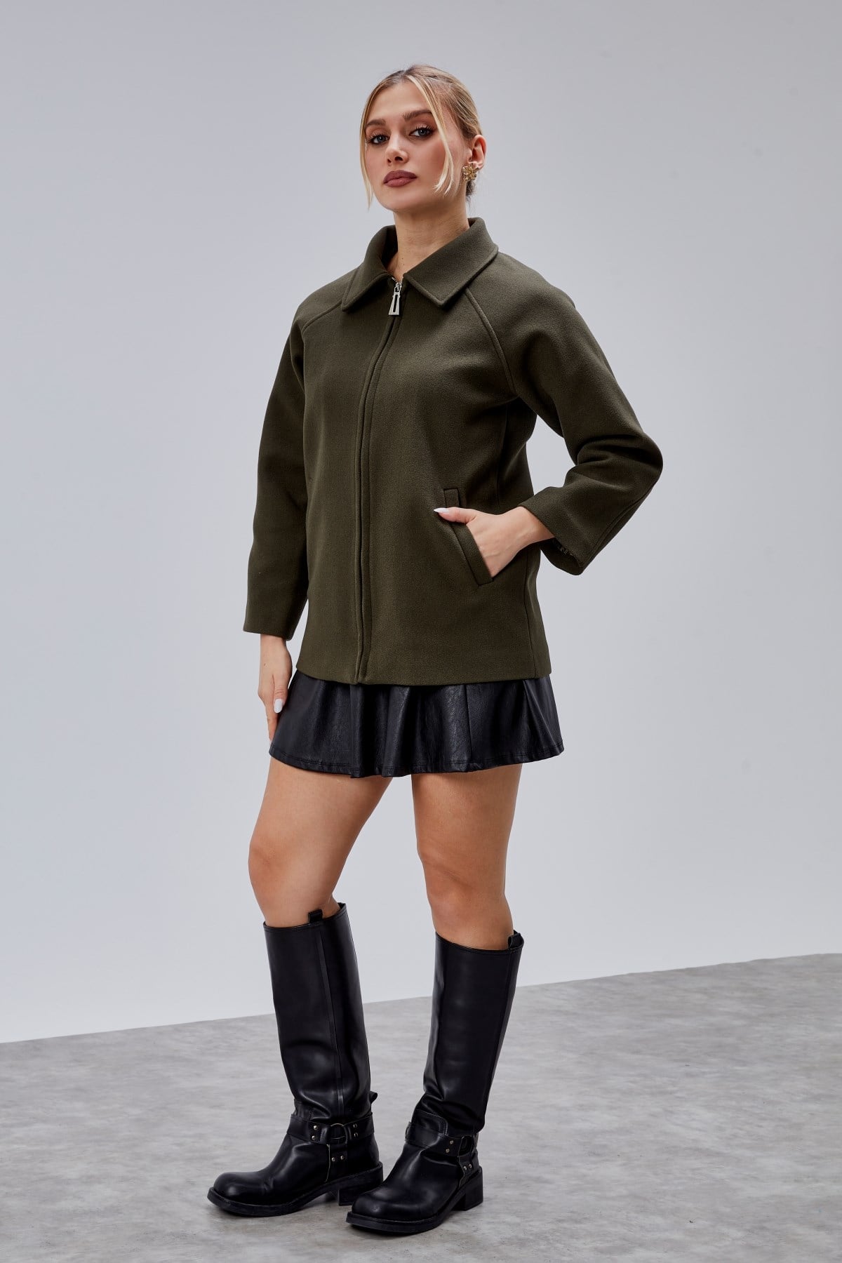 Haki Oversize Fermuarlı Kaşe Ceket