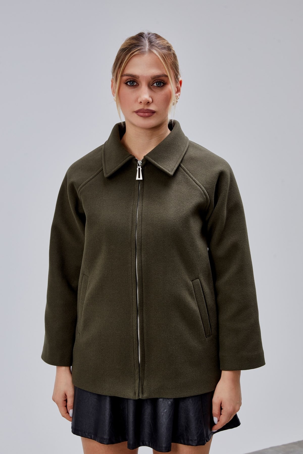 Haki Oversize Fermuarlı Kaşe Ceket