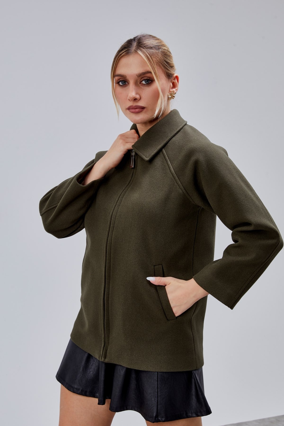 Haki Oversize Fermuarlı Kaşe Ceket