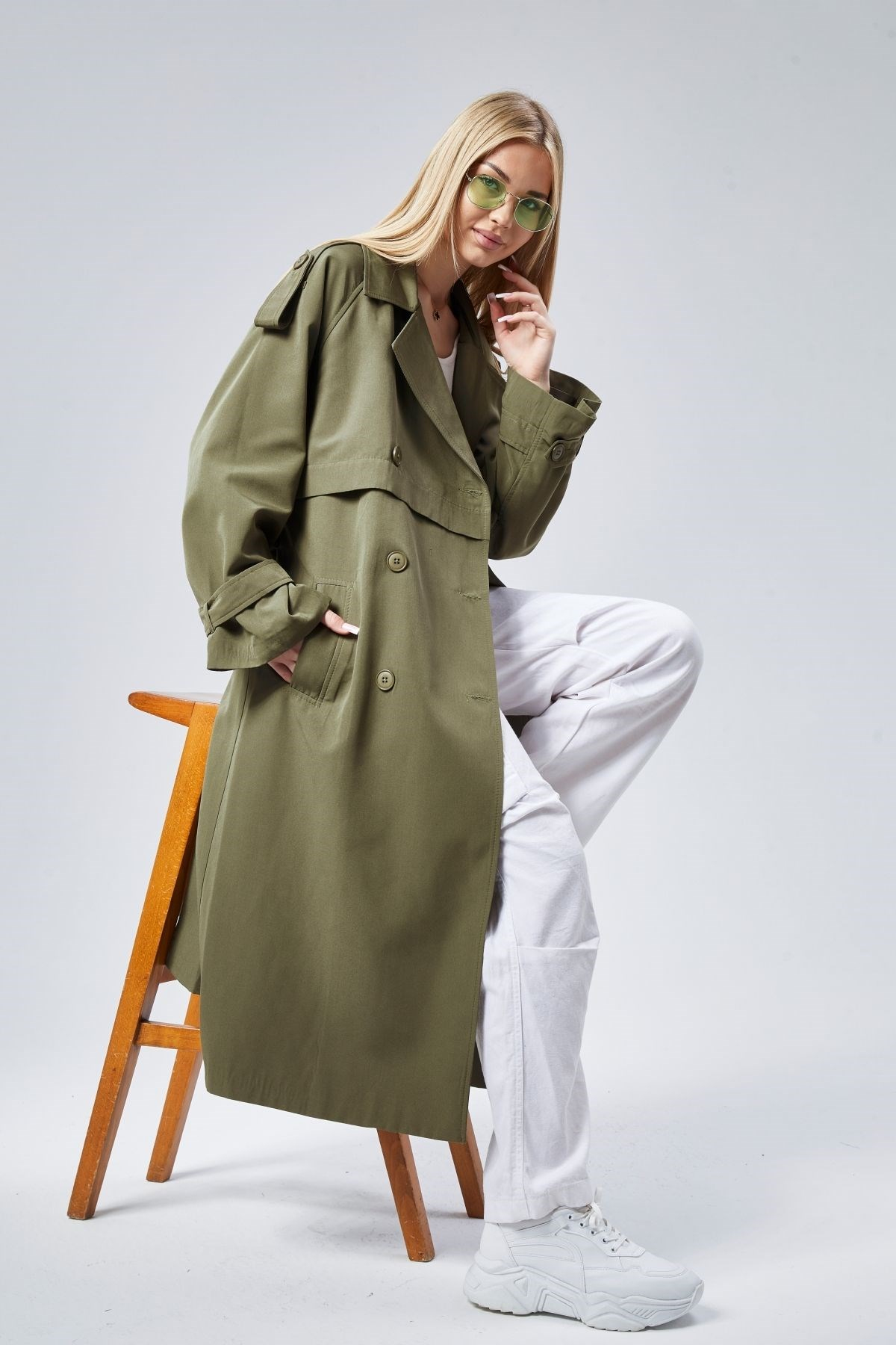 Haki Oversize Kruvaze Kapama Rüzgarlık Detaylı Trençkot 44956