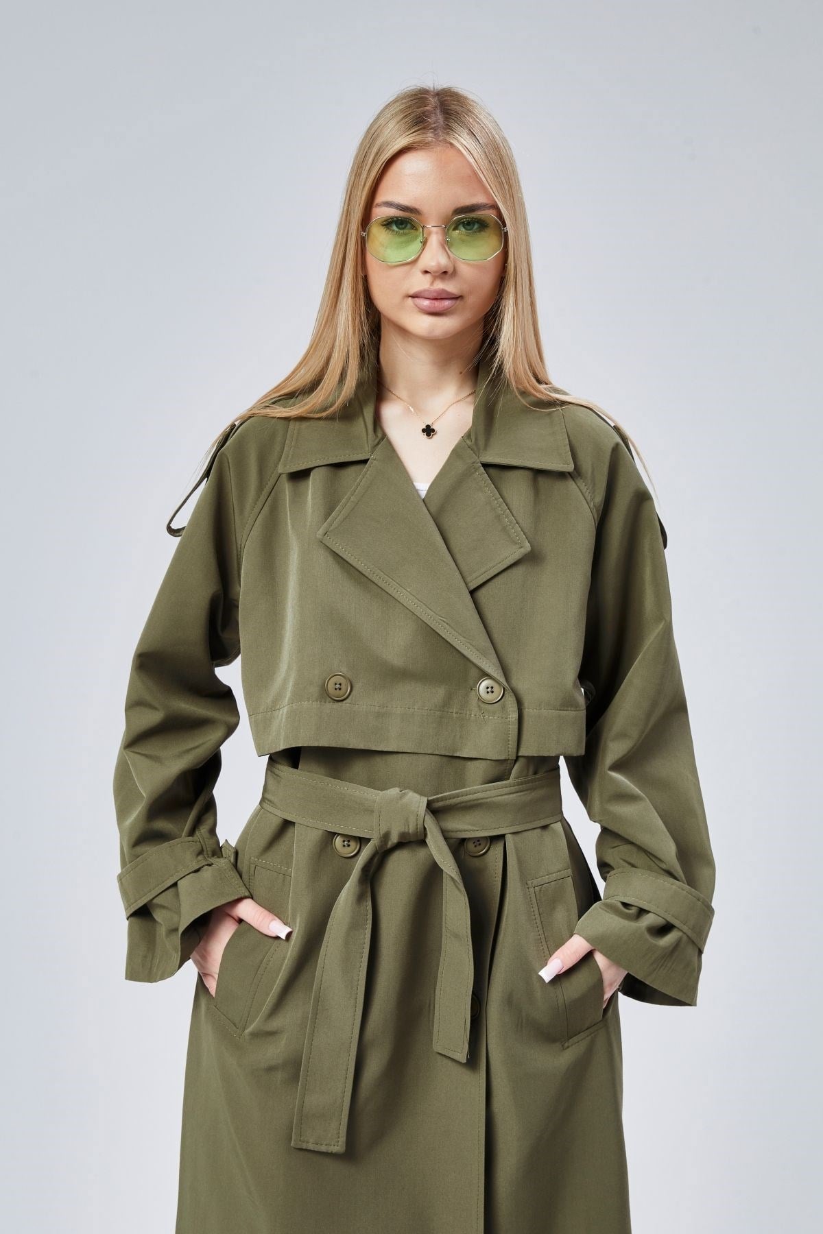 Haki Oversize Kruvaze Kapama Rüzgarlık Detaylı Trençkot 44956