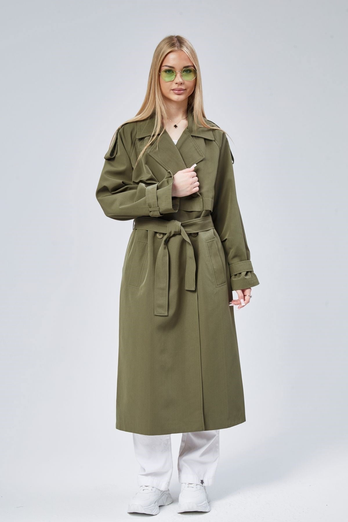 Haki Oversize Kruvaze Kapama Rüzgarlık Detaylı Trençkot 44956