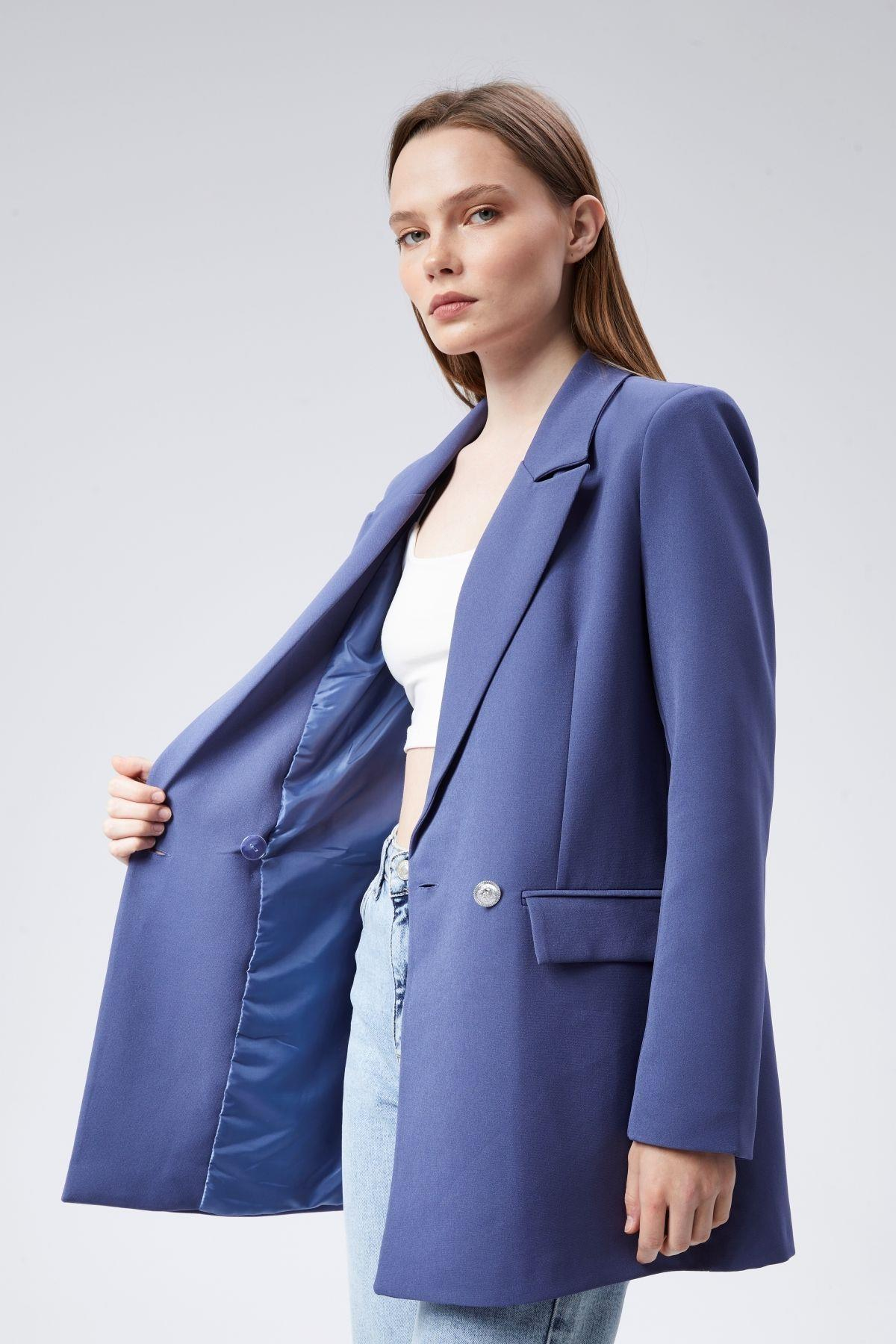 İndigo Oversize Dokuma Blazer Ceket