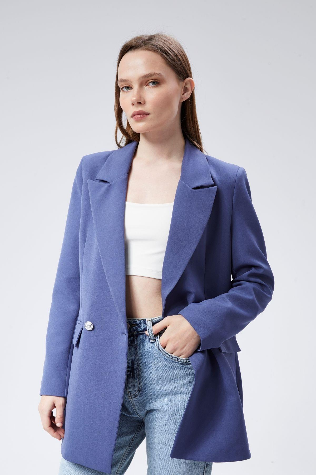 İndigo Oversize Dokuma Blazer Ceket
