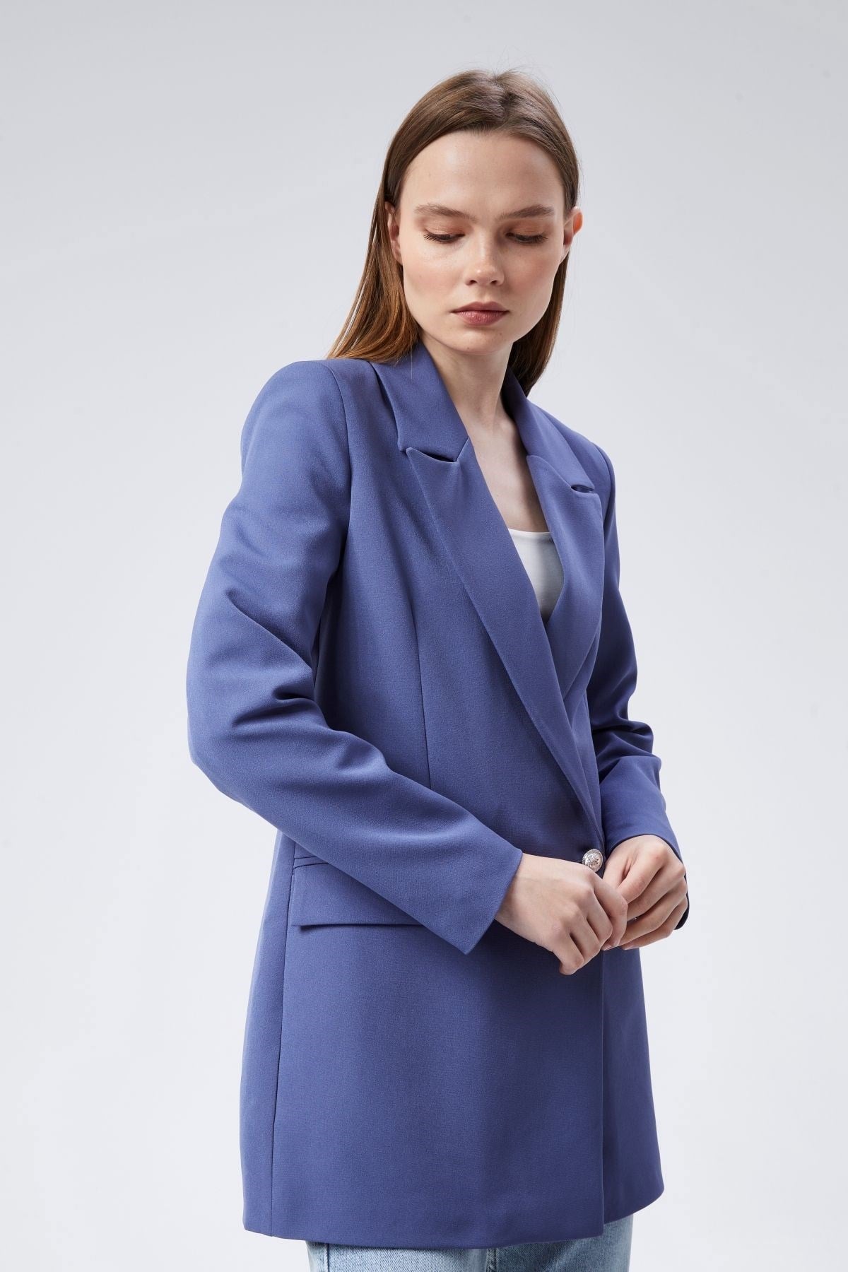 İndigo Oversize Dokuma Blazer Ceket