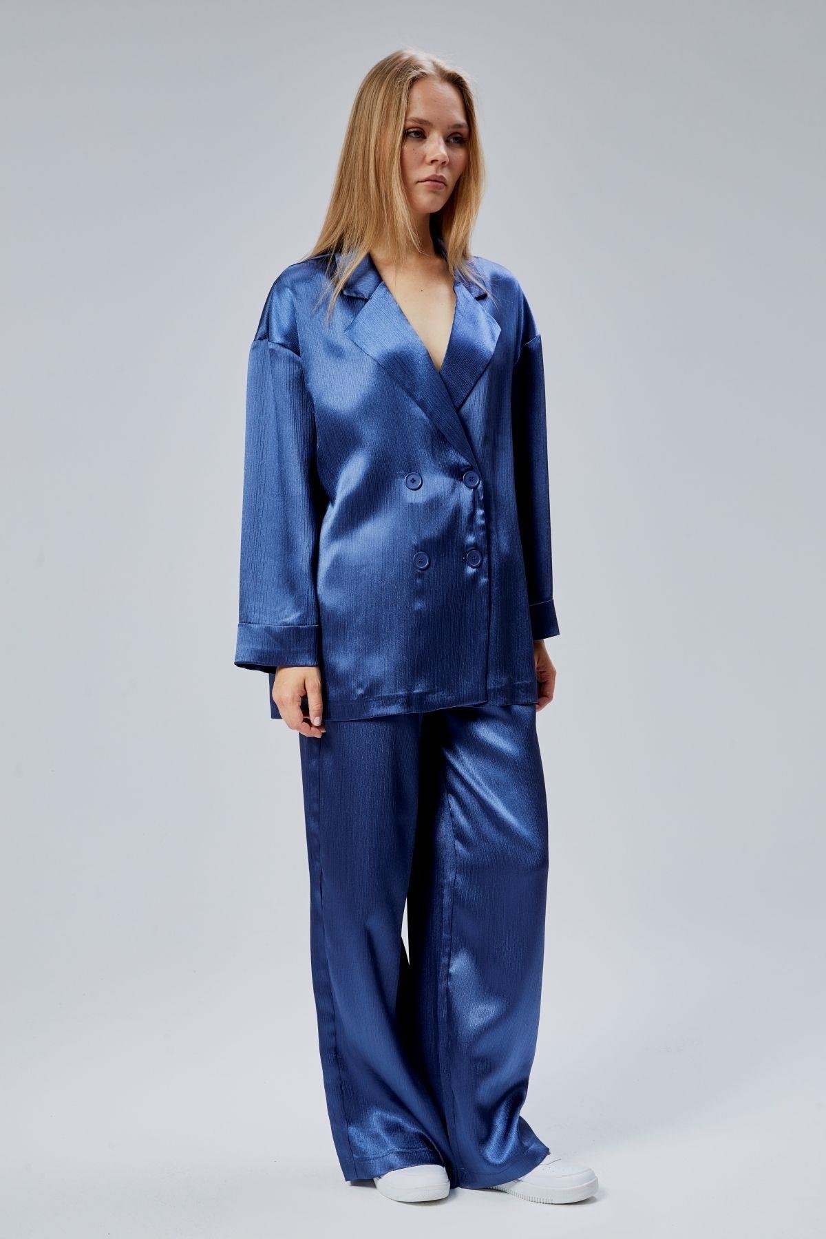 İndigo Oversize Saten Takım