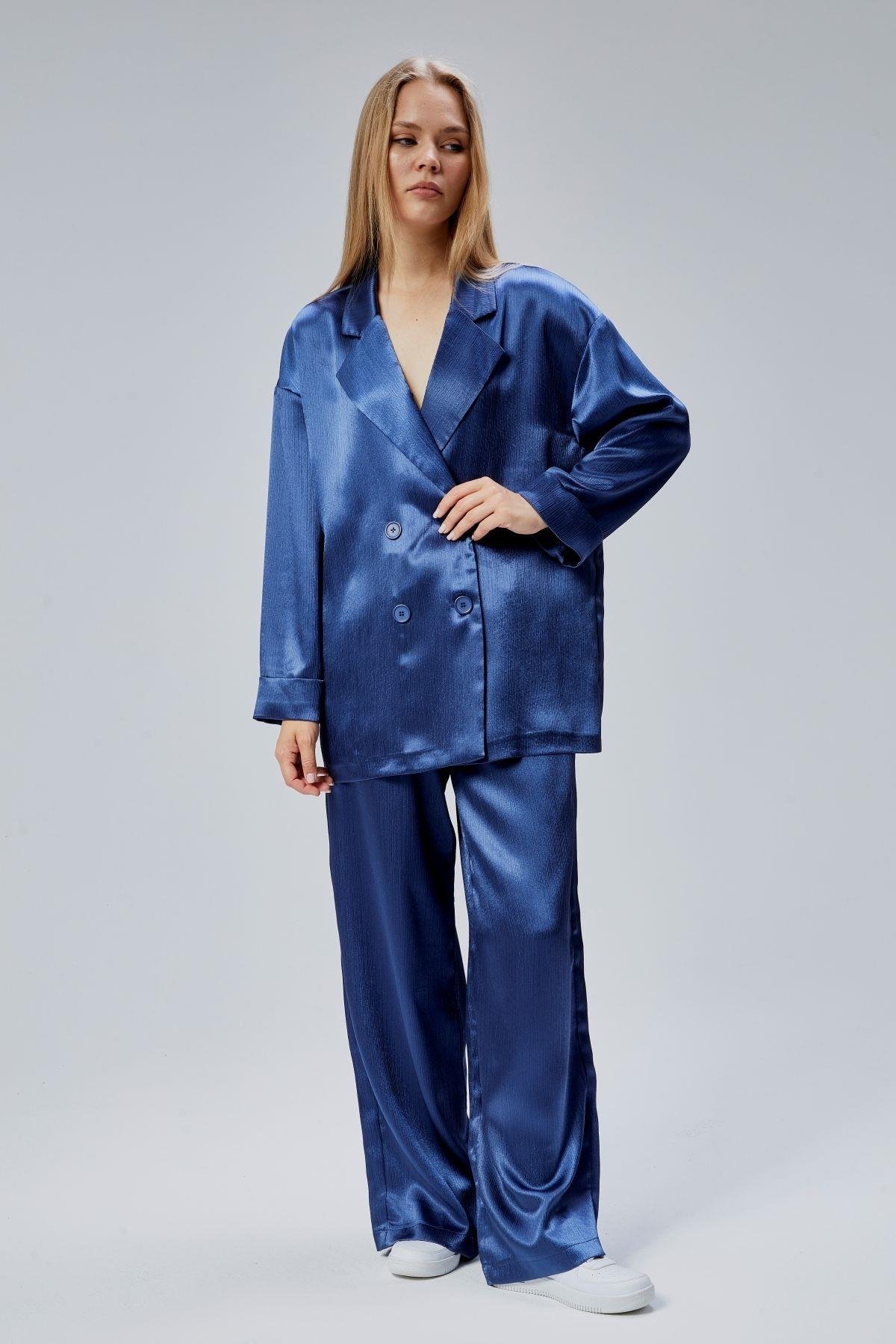 İndigo Oversize Saten Takım
