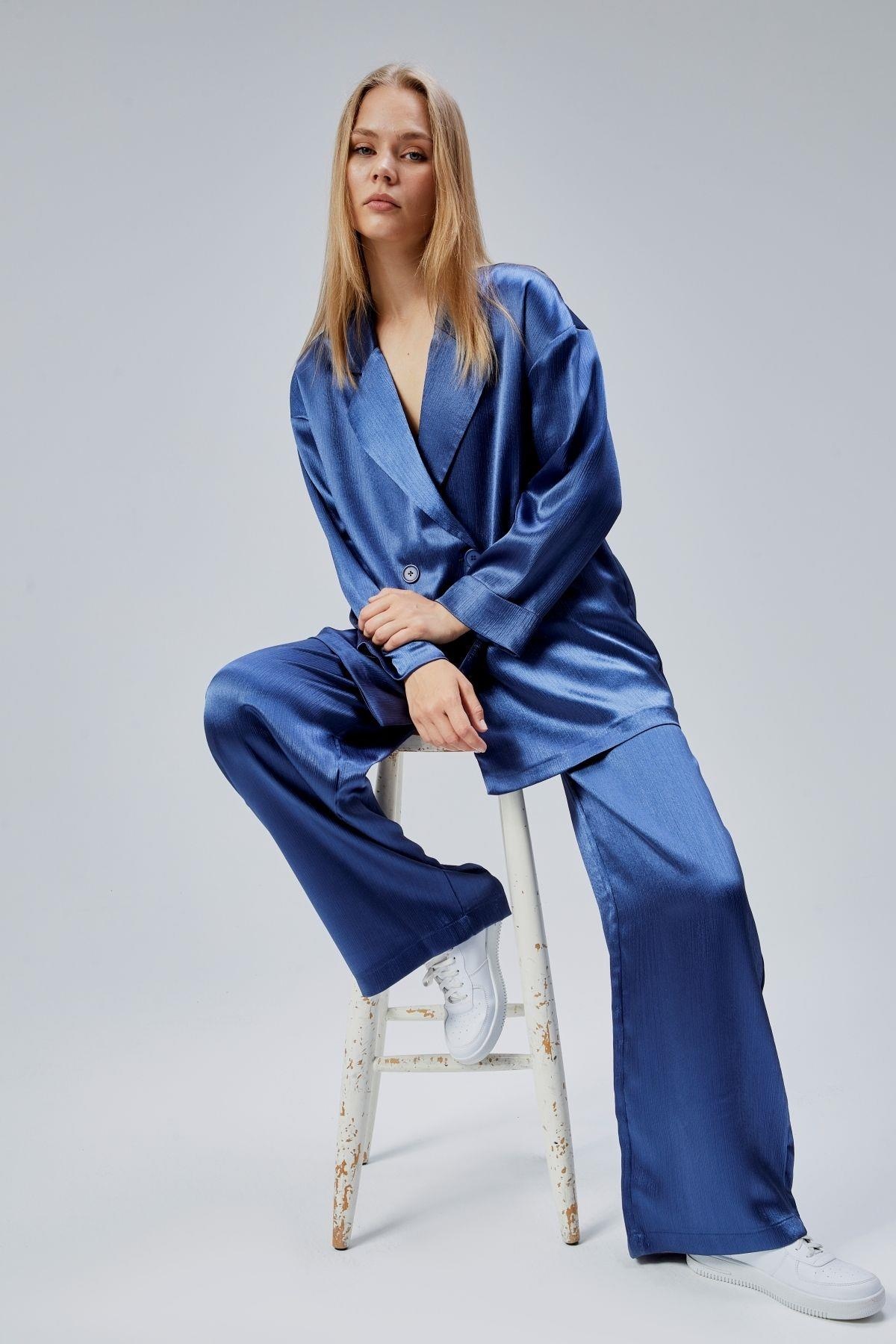 İndigo Oversize Saten Takım