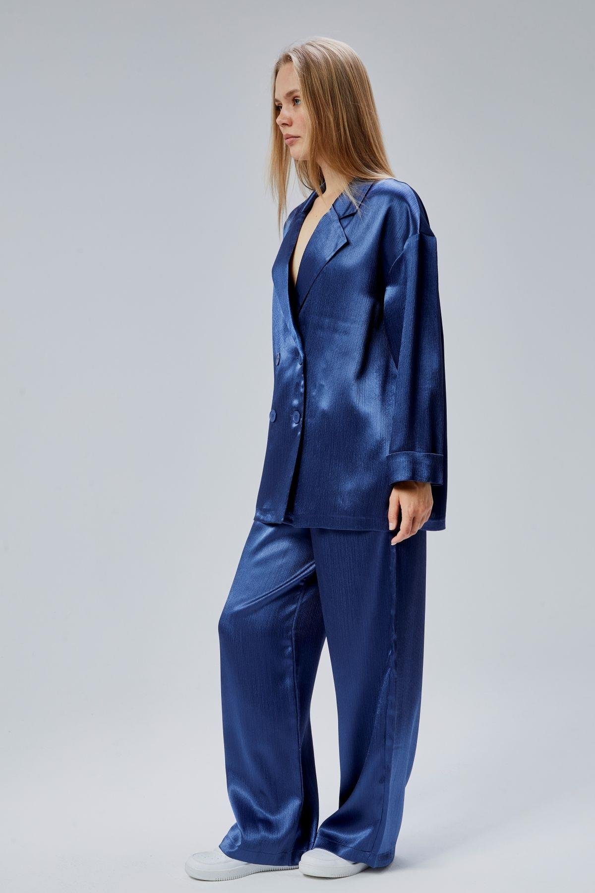İndigo Oversize Saten Takım