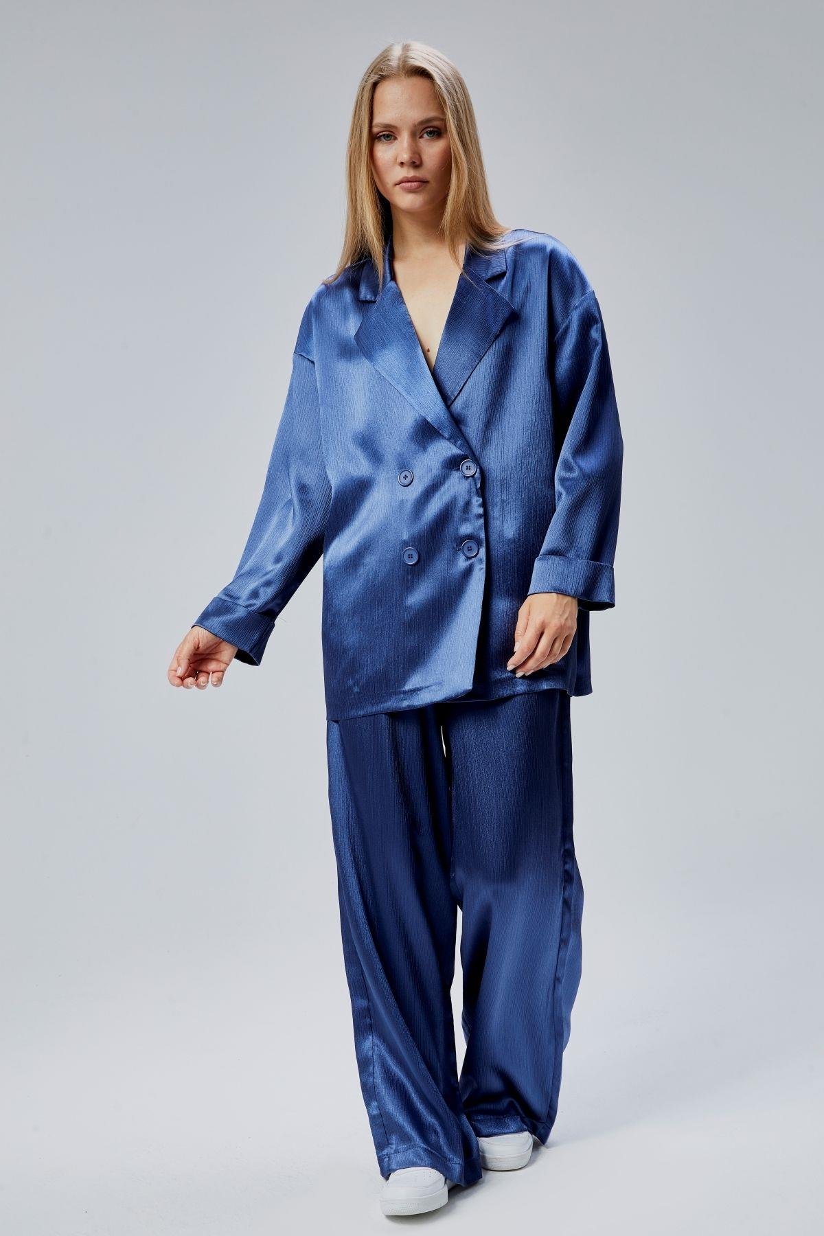 İndigo Oversize Saten Takım