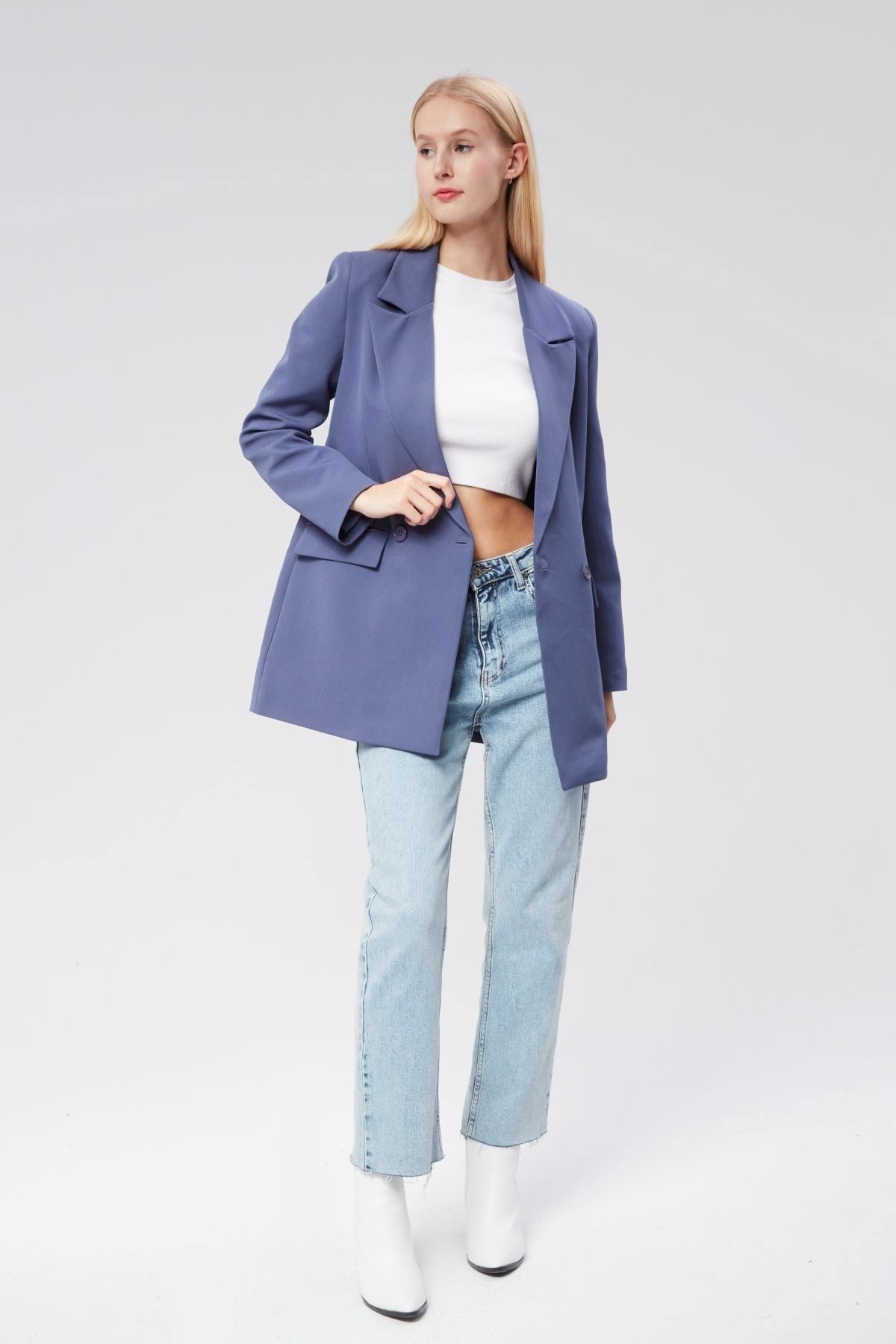 İndigo Regular Astarlı Dokuma Oversize Blazer Ceket