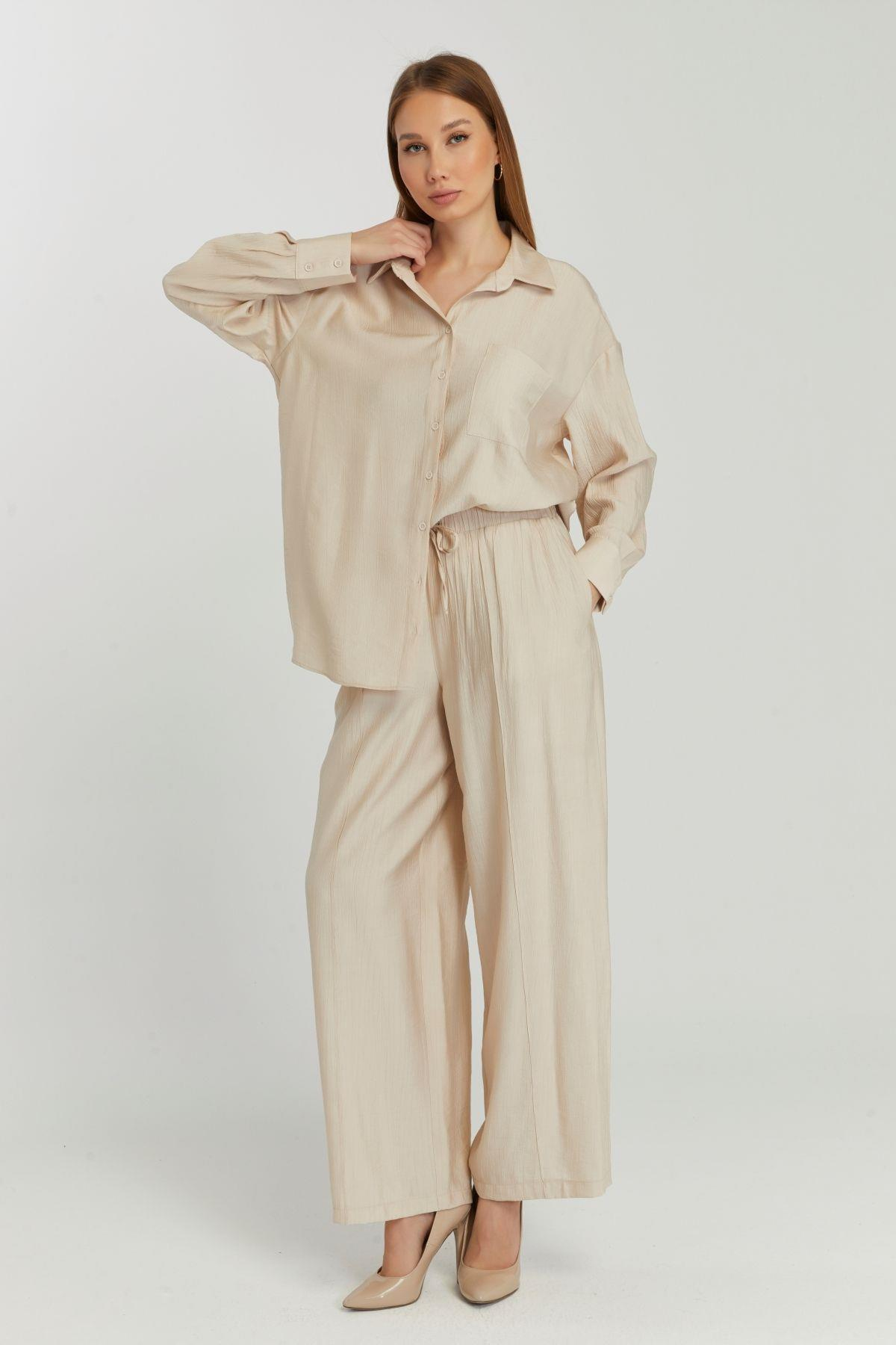 Kadın Bej Casual Oversize/Geniş Kalıp Gömlek
