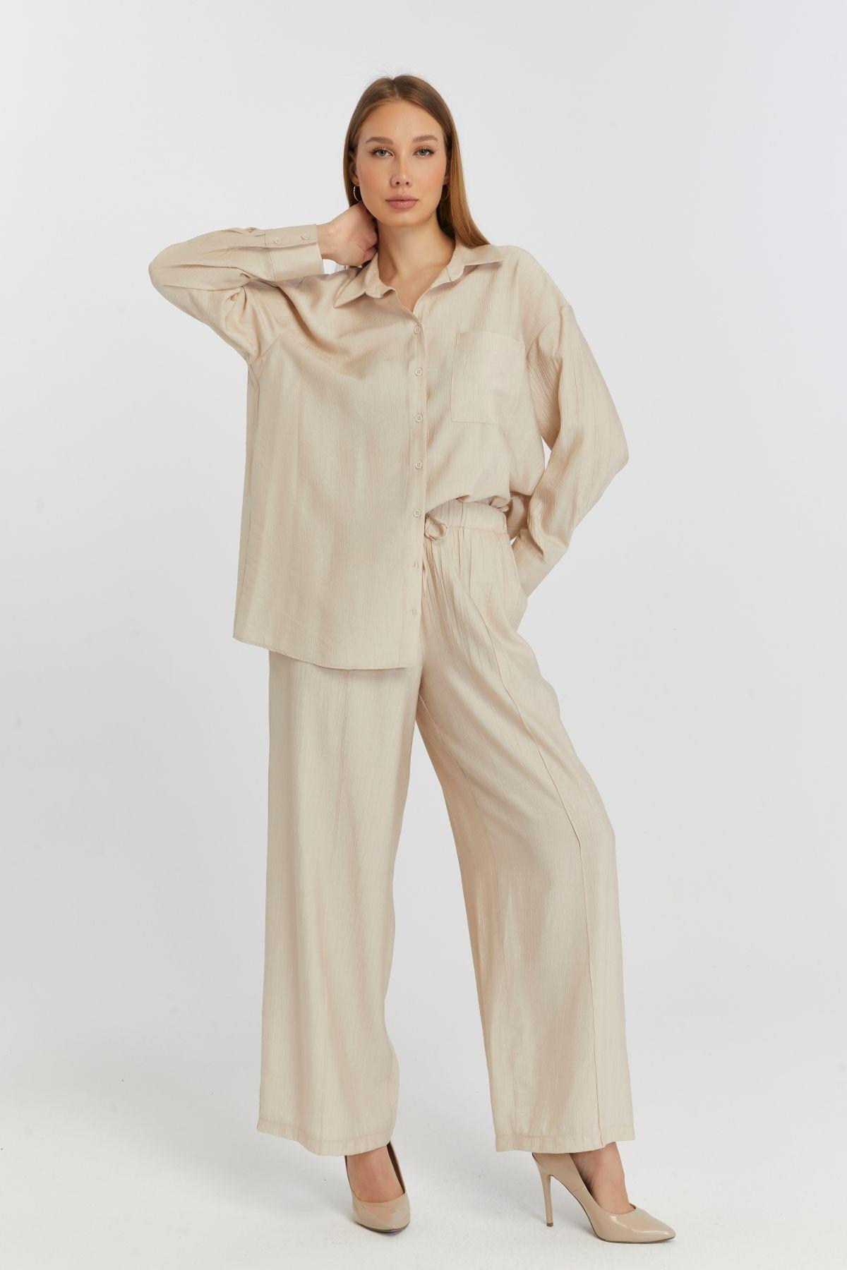 Kadın Bej Casual Oversize/Geniş Kalıp Gömlek