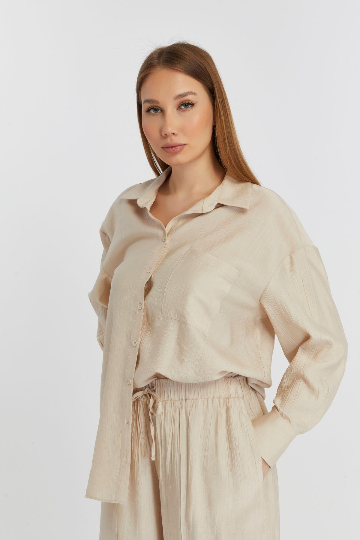 Kadın Bej Casual Oversize/Geniş Kalıp Gömlek