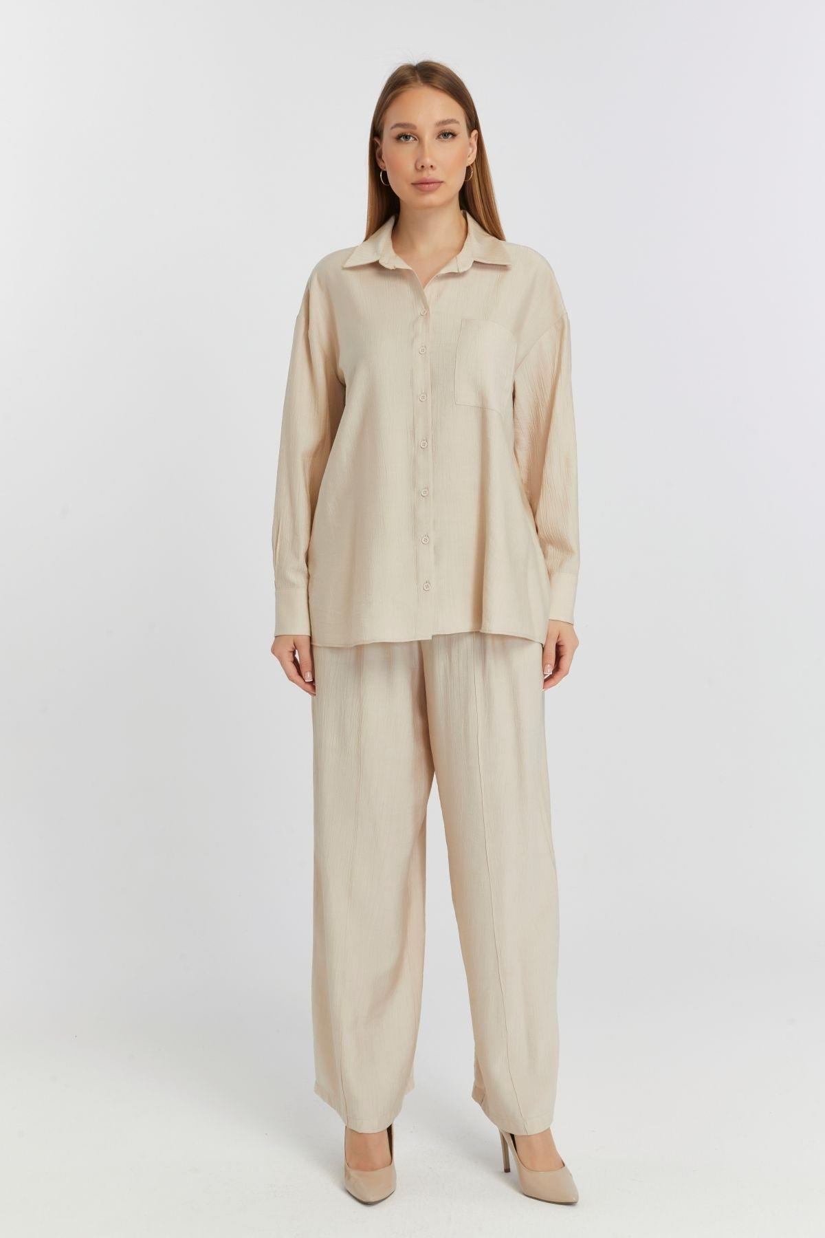 Kadın Bej Casual Oversize/Geniş Kalıp Gömlek