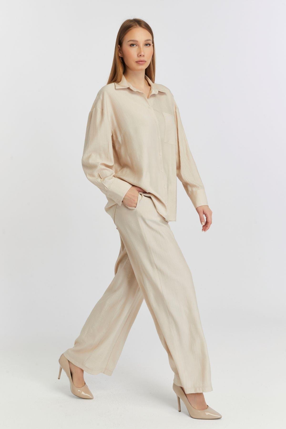 Kadın Bej Casual Oversize/Geniş Kalıp Gömlek