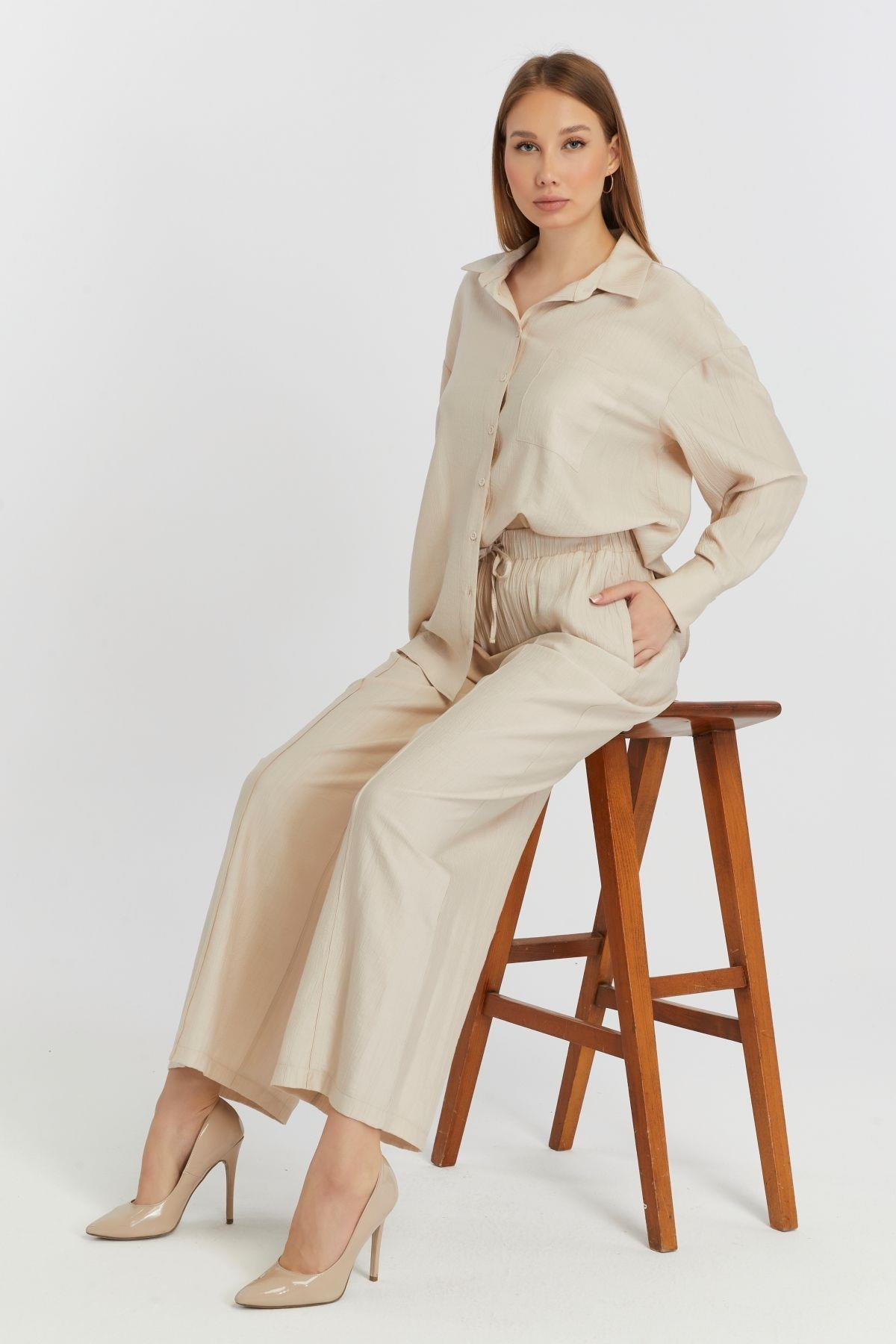 Kadın Bej Casual Oversize/Geniş Kalıp Gömlek