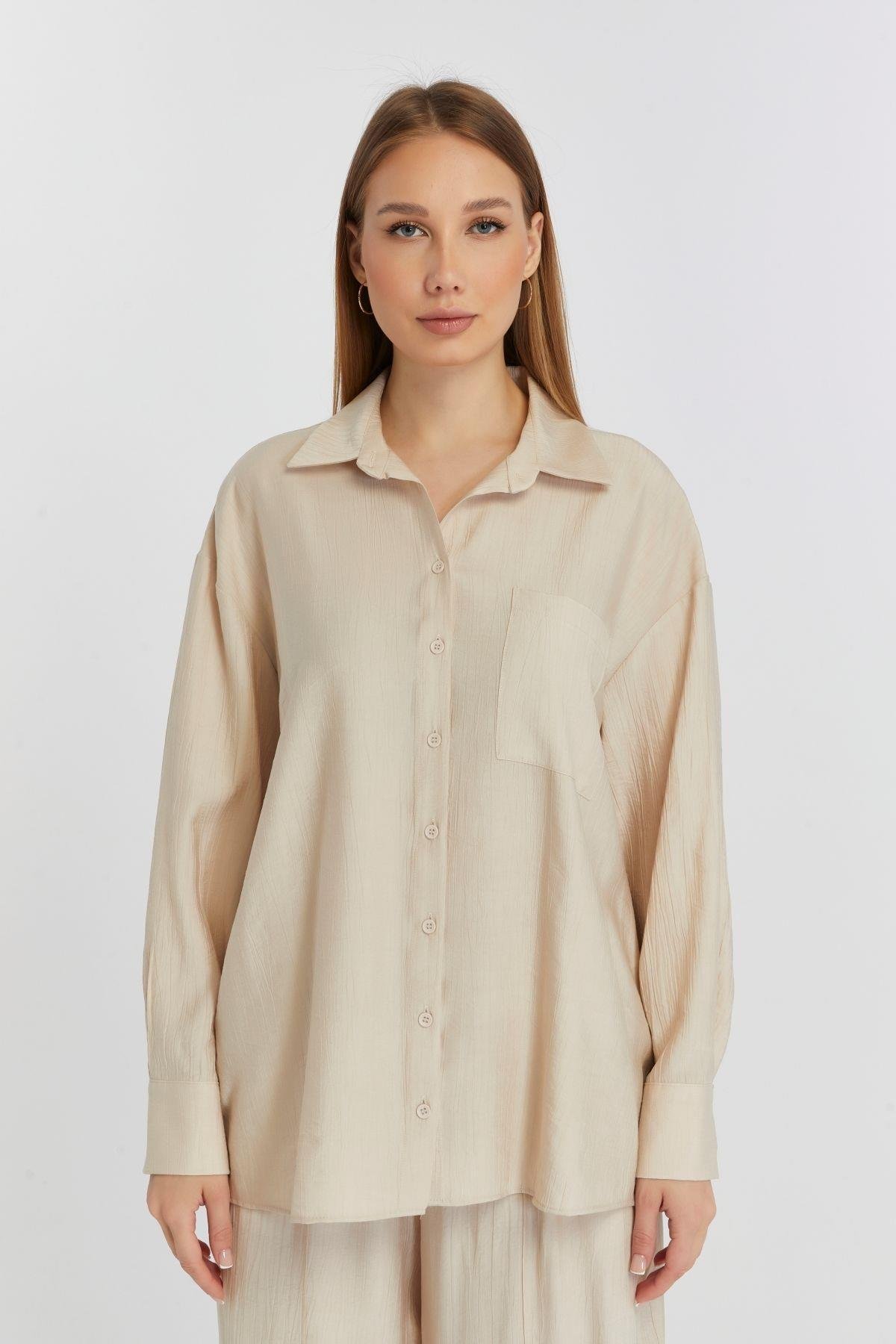 Kadın Bej Casual Oversize/Geniş Kalıp Gömlek