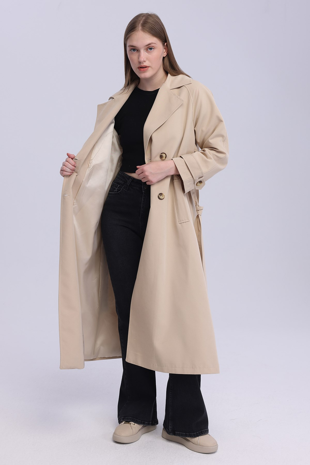 Kadın Bej Oversize Trençkot Astarlı Mevsimlik Trençkot