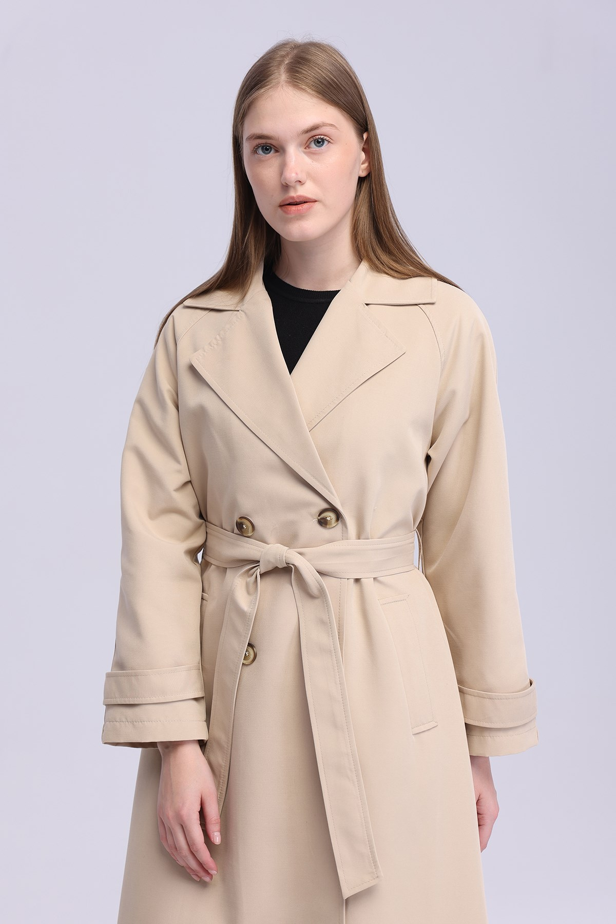 Kadın Bej Oversize Trençkot Astarlı Mevsimlik Trençkot