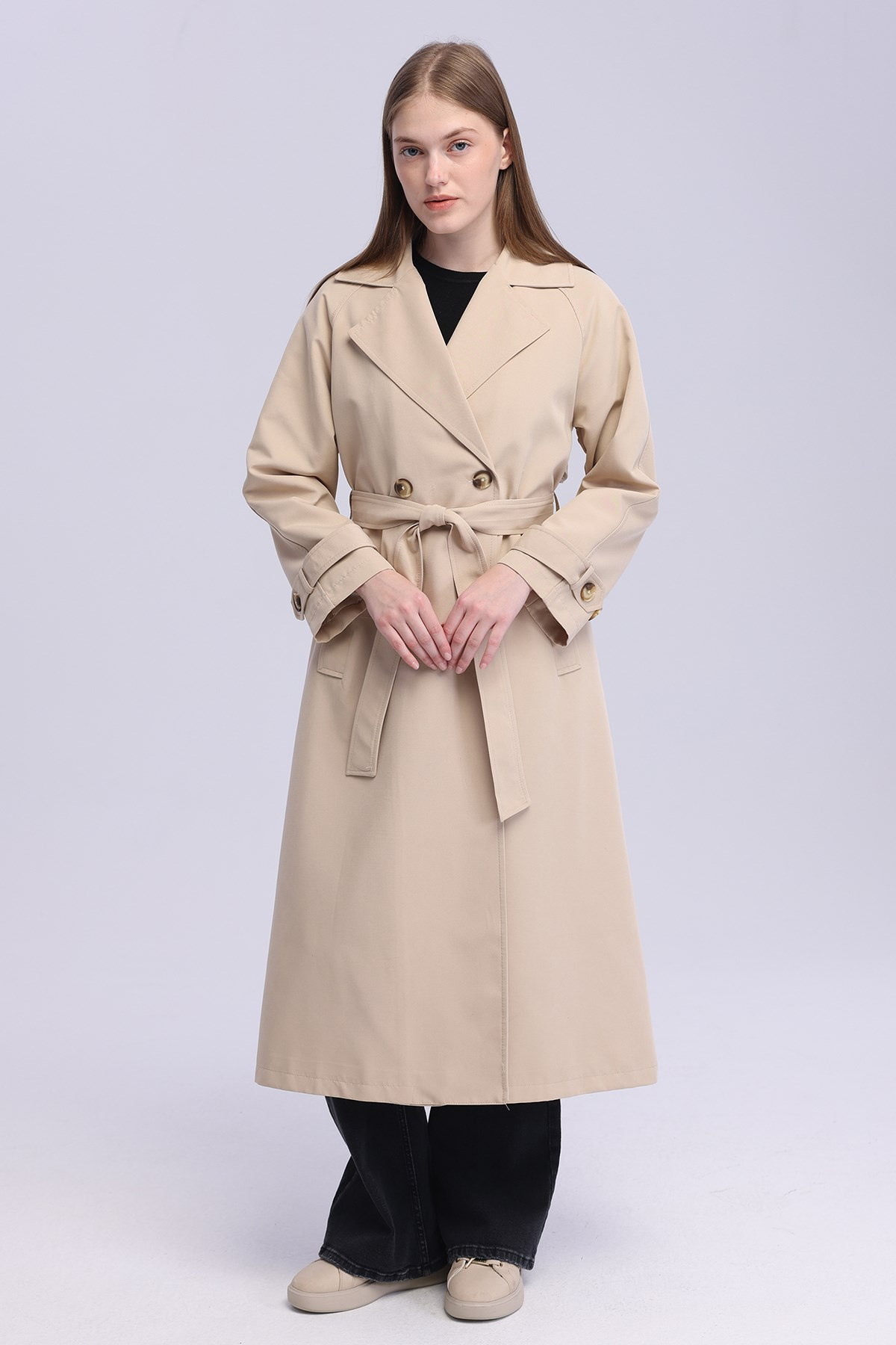 Kadın Bej Oversize Trençkot Astarlı Mevsimlik Trençkot