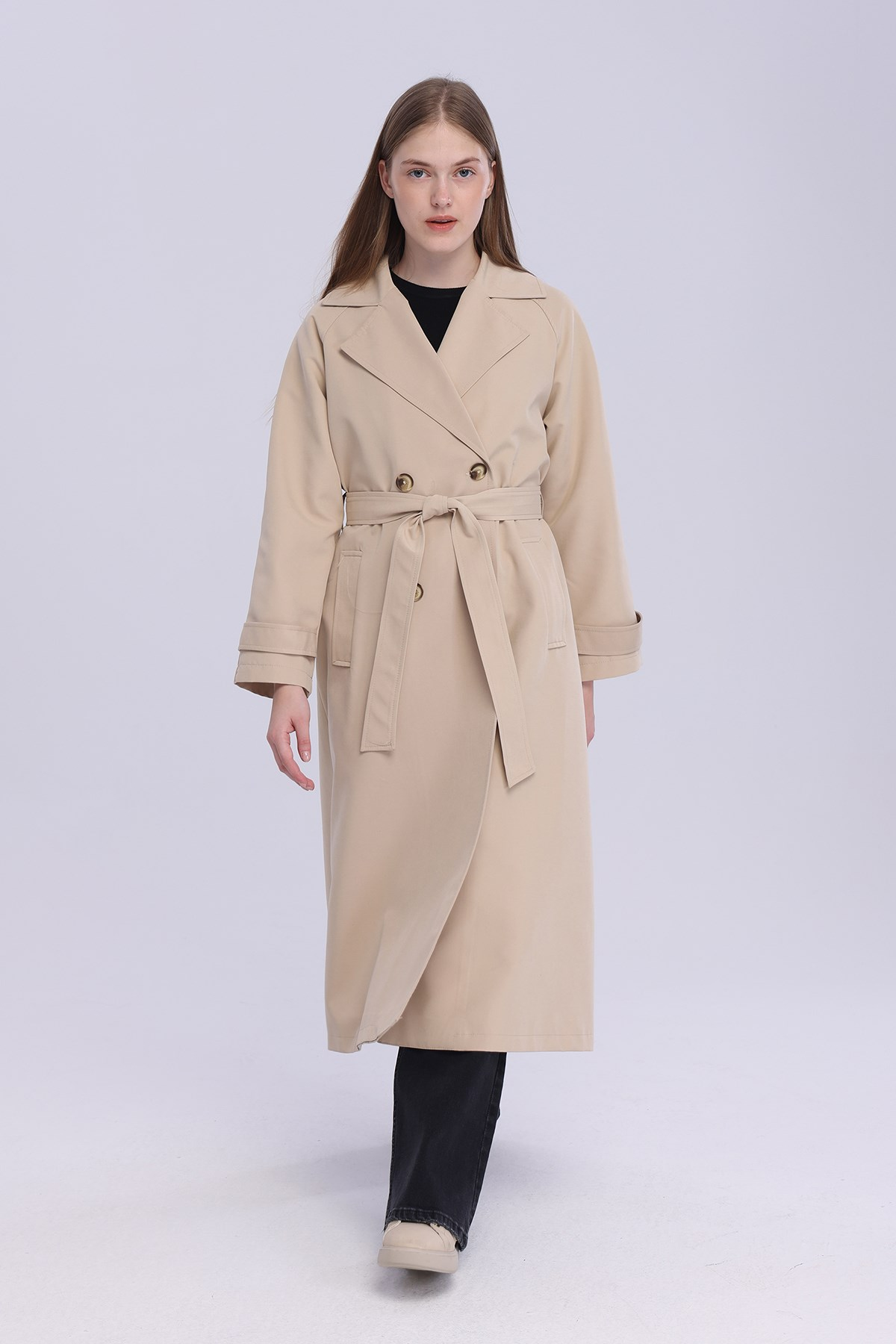 Kadın Bej Oversize Trençkot Astarlı Mevsimlik Trençkot