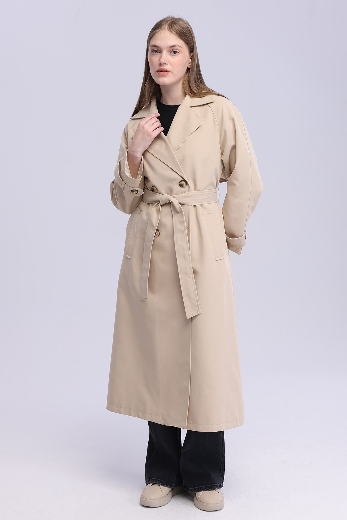 Kadın Bej Oversize Trençkot Astarlı Mevsimlik Trençkot
