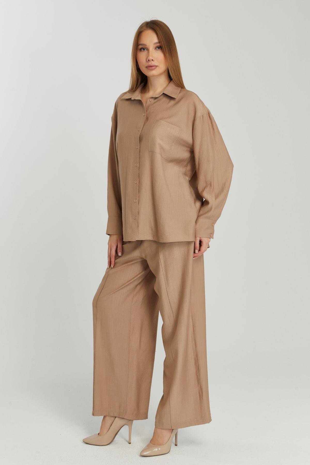 Kadın Camel Bol Paça Dokuma Pantolon