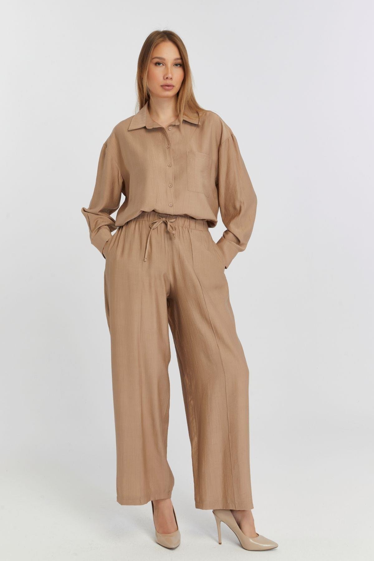 Kadın Camel Bol Paça Dokuma Pantolon