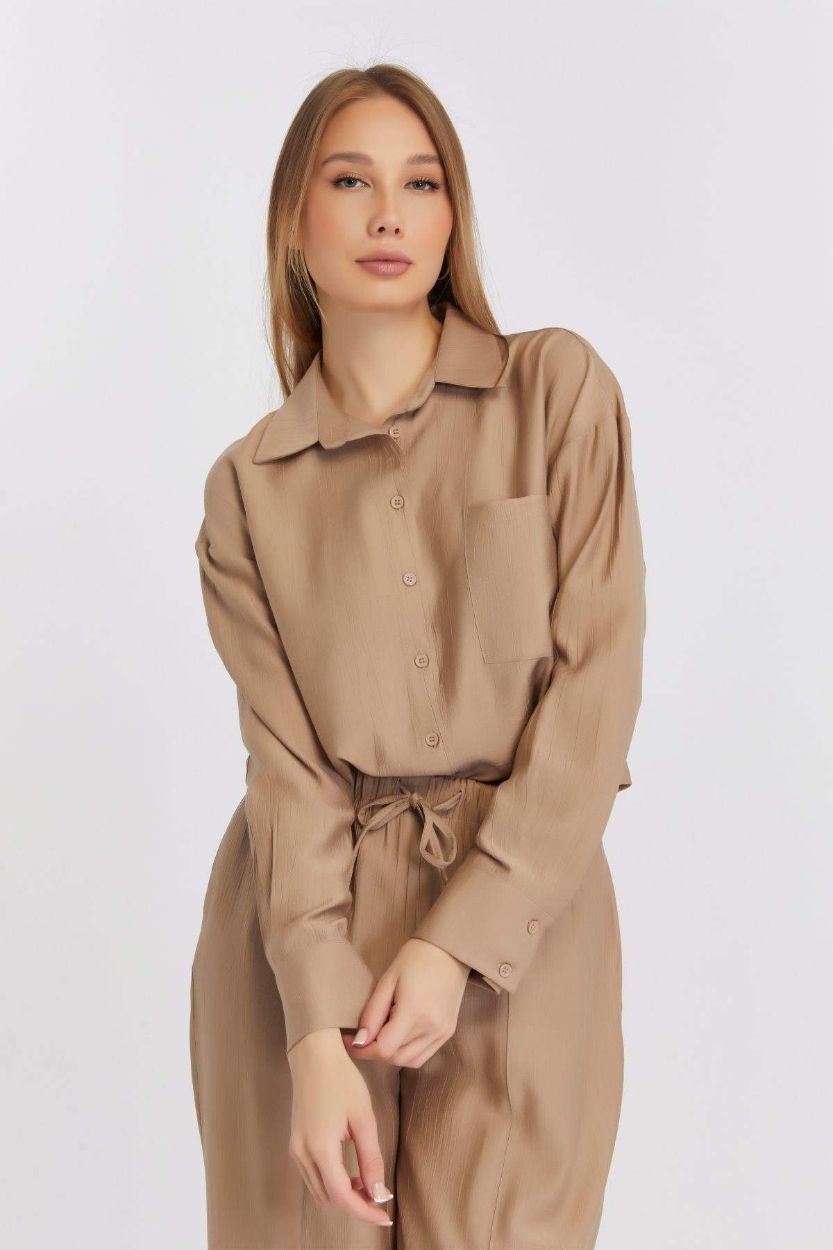 Kadın Camel Casual Oversize/Geniş Kalıp Gömlek