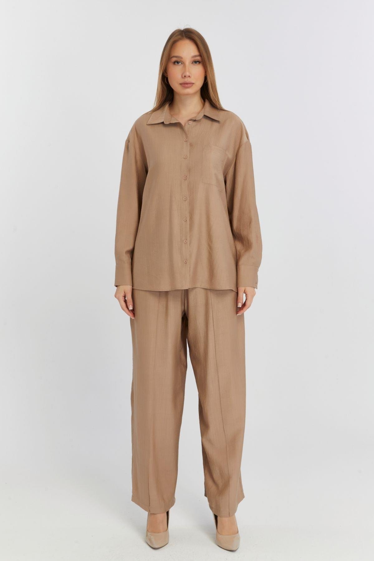 Kadın Camel Casual Oversize/Geniş Kalıp Gömlek