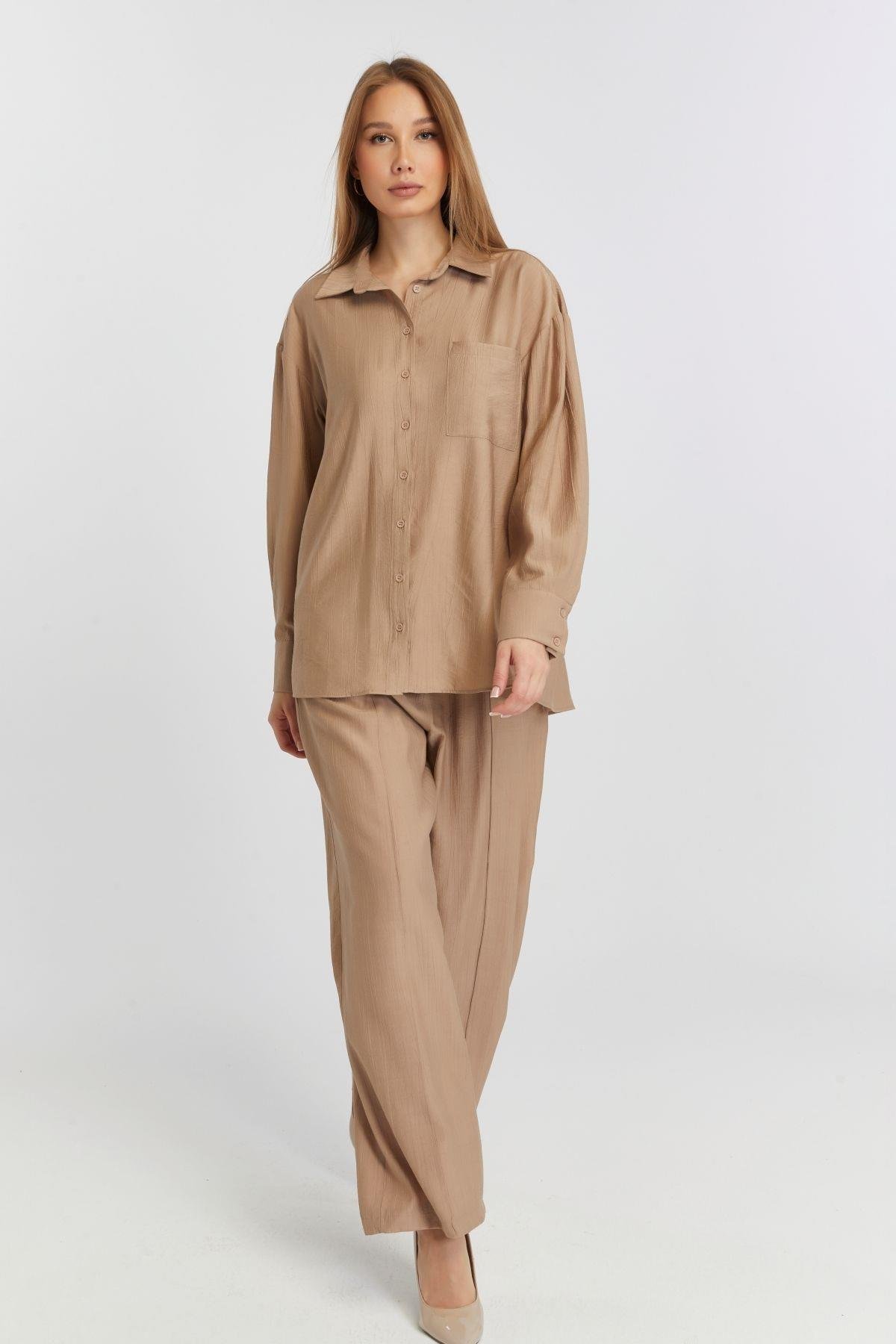 Kadın Camel Casual Oversize/Geniş Kalıp Gömlek