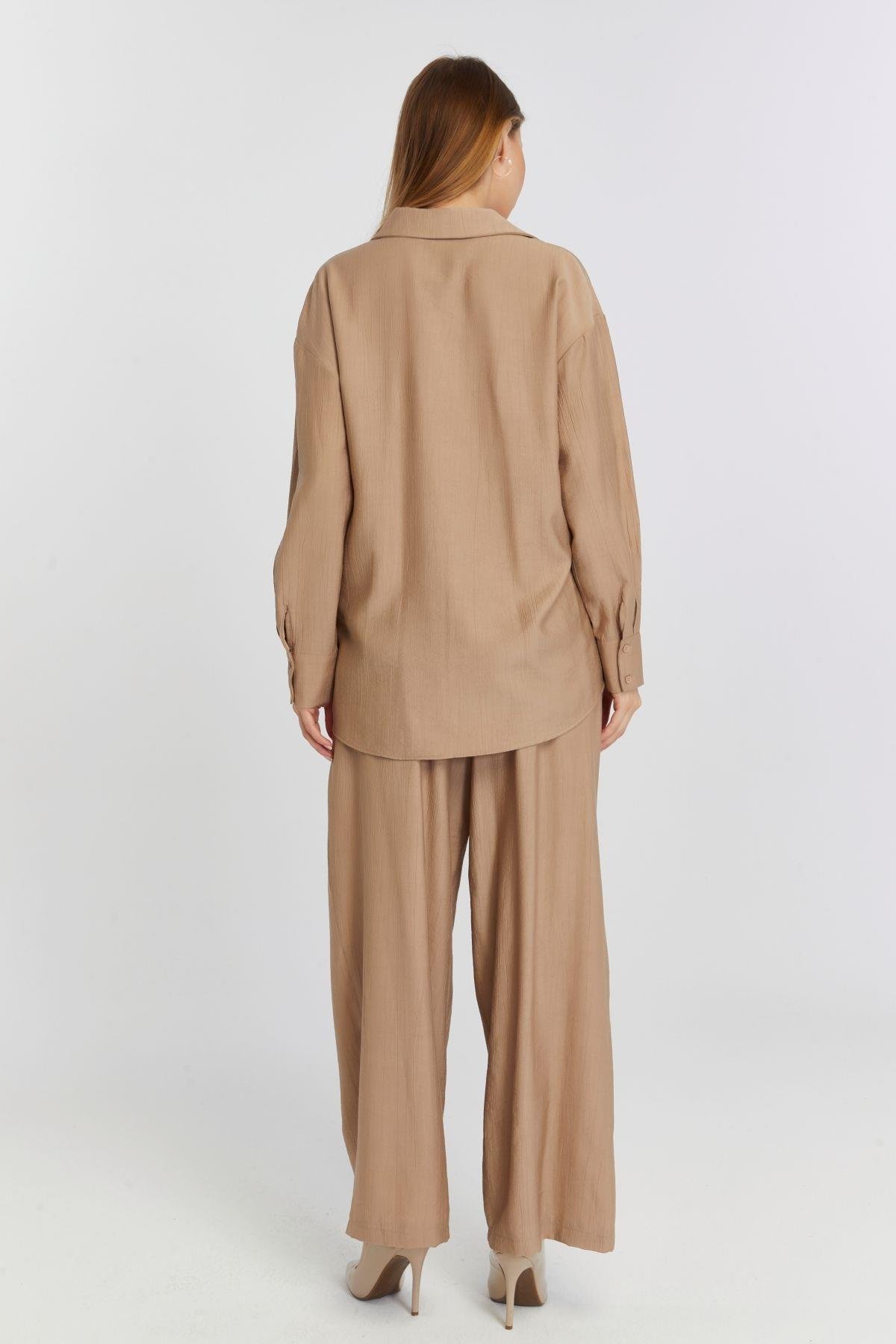 Kadın Camel Casual Oversize/Geniş Kalıp Gömlek