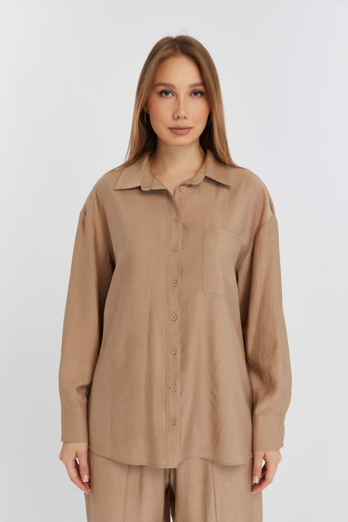Kadın Camel Casual Oversize/Geniş Kalıp Gömlek
